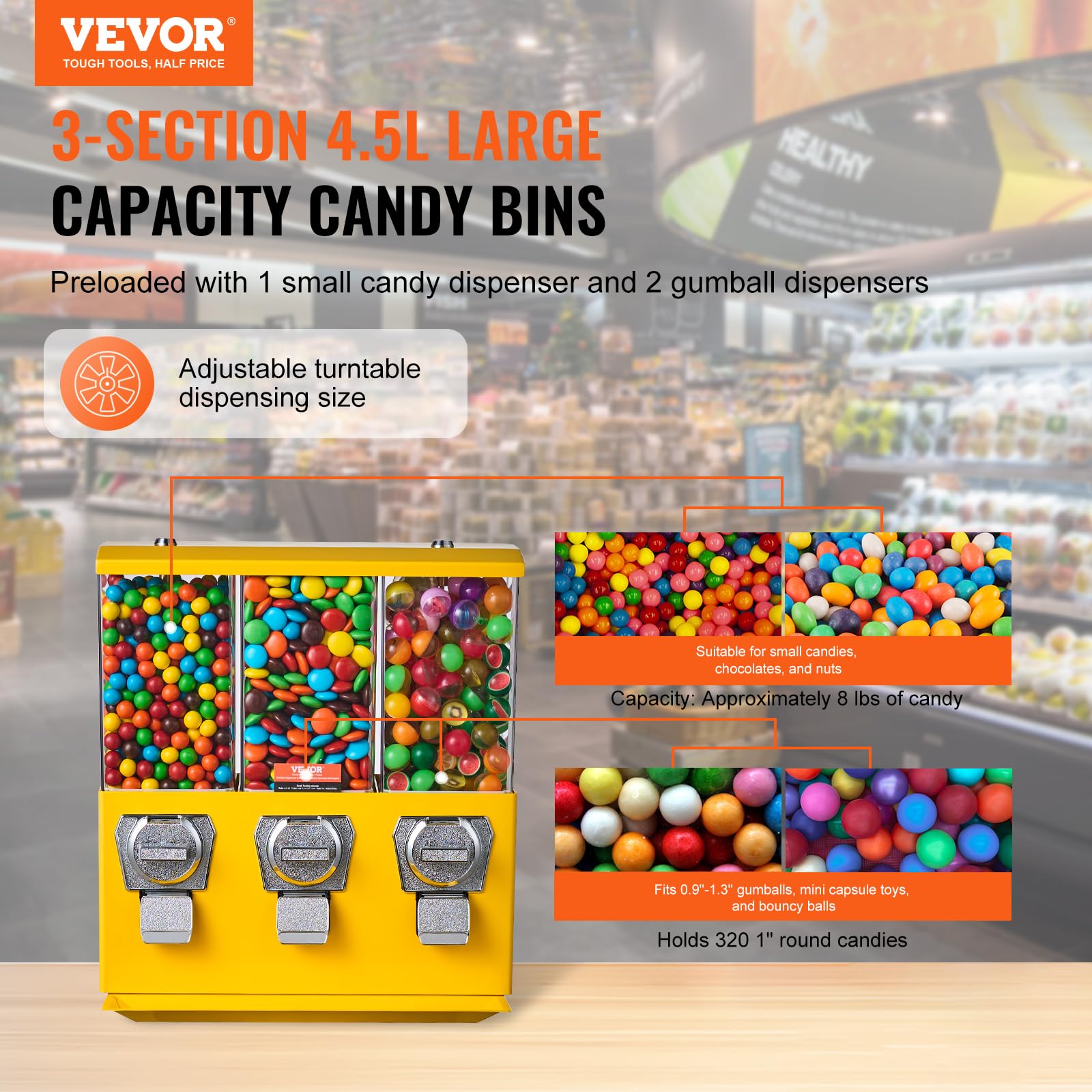 VBENLEM Triple Head Candy Vending Machine - 1 Inch Gumball Dispenser with Adjustable Outlet & Stand | Commercial & Home Use for Arcades, Parties, Retail Stores, and Family Fun