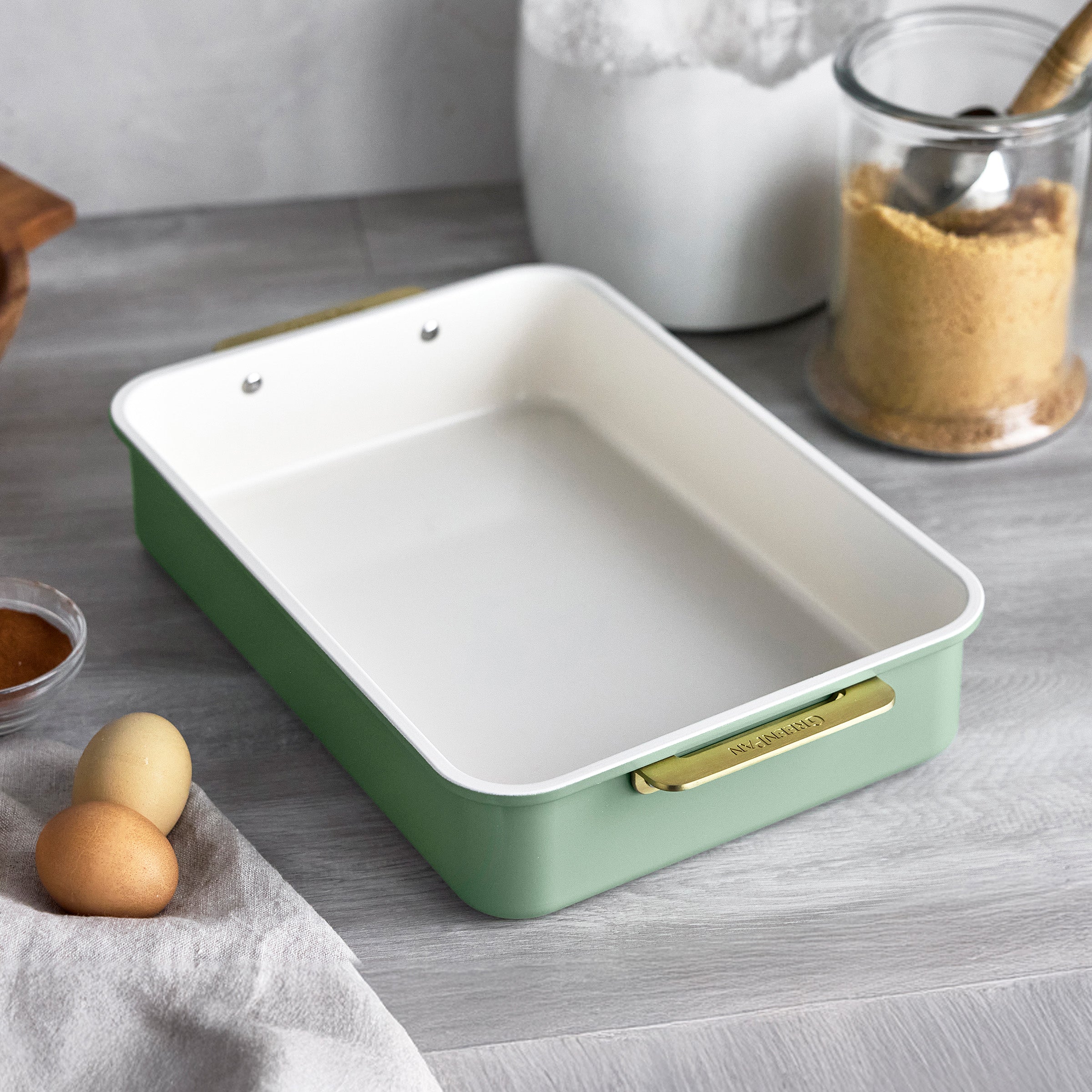 Premium Reserve Bakeware 13 x 9 Inch Rectangular Baking Pan - Nonstick Ceramic Coating, Oven Safe, Dishwasher Safe | Sage Green | Perfect for Cakes, Brownies, Lasagna & Sheet Pan Meals