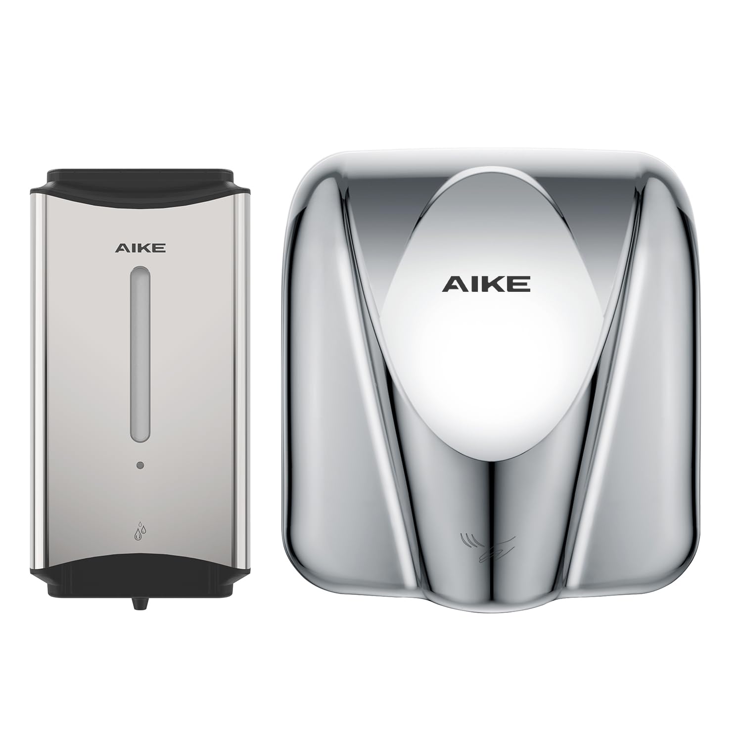 AIKE Commercial Hand Dryer and Automatic Soap Dispenser Combo (AK2812 & AK1206) - Polished Stainless Steel for Restrooms, Kitchens, and Public Spaces