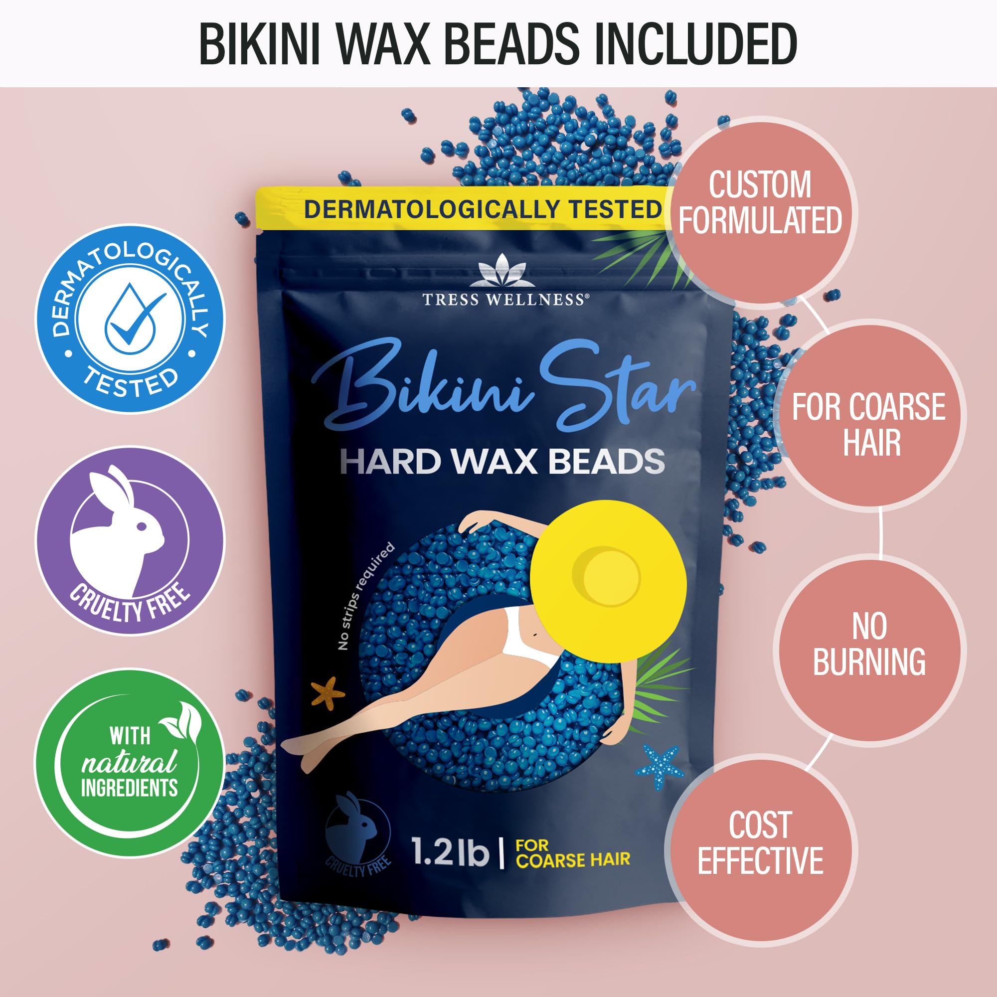 Tress Wellness Waxing Kit with Silicone Bowl - Professional Bikini Wax for Smooth Skin at Home | DIY Hair Removal for Women, Legs & Face