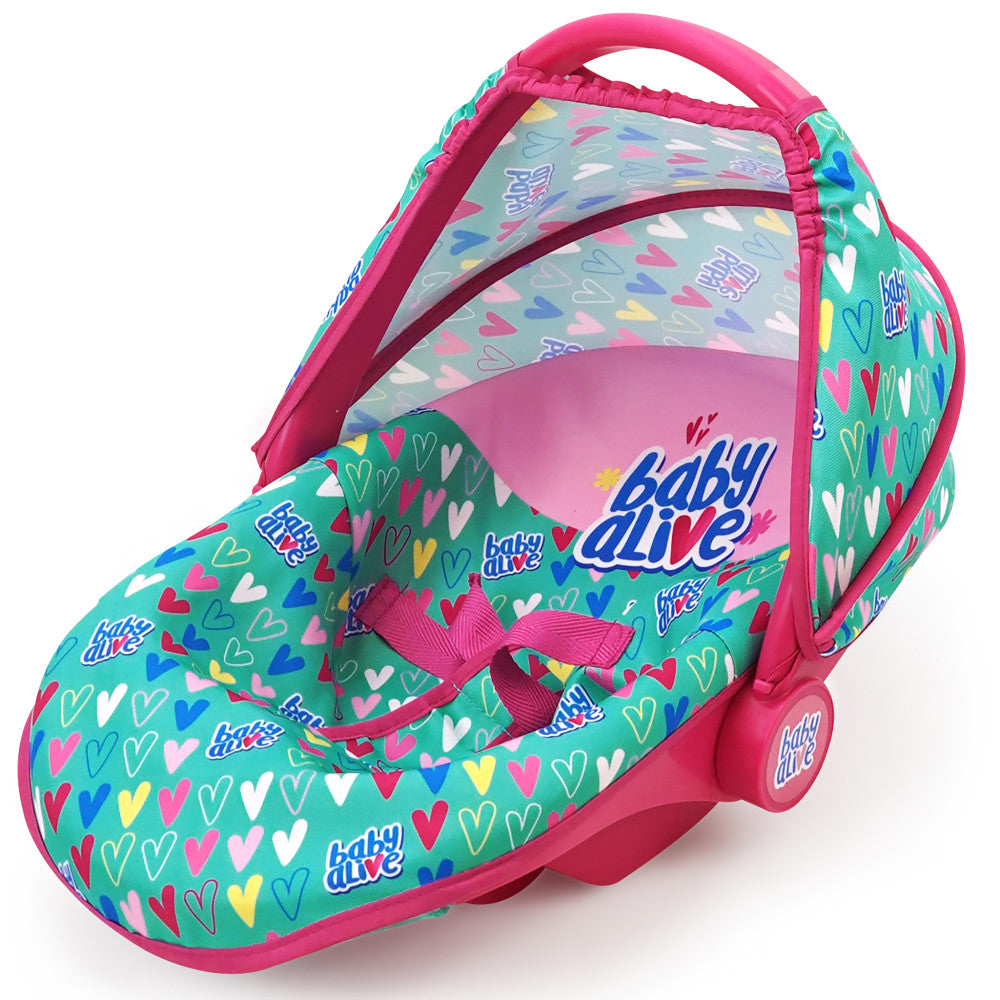 Baby Alive Deluxe Doll Car Seat - Multi-Functional Pink & Green Hearts Design for Toddlers | Perfect for Role Play, Pretend Play & Travel Adventures