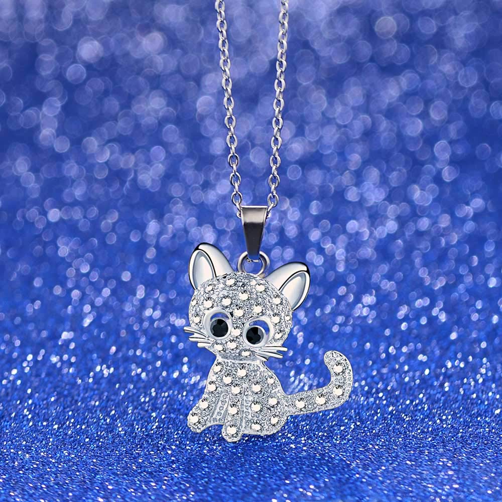VU100 Sterling Silver Cat Necklace for Women - Elegant Kitty Pendant with Shiny White Crystals, Perfect Cat Lover Gift for Mom, Daughter, Granddaughter & Friends | Birthday, Anniversary, Christmas Present | Ideal for Everyday Wear, Special Occasions & Cat-Themed Parties