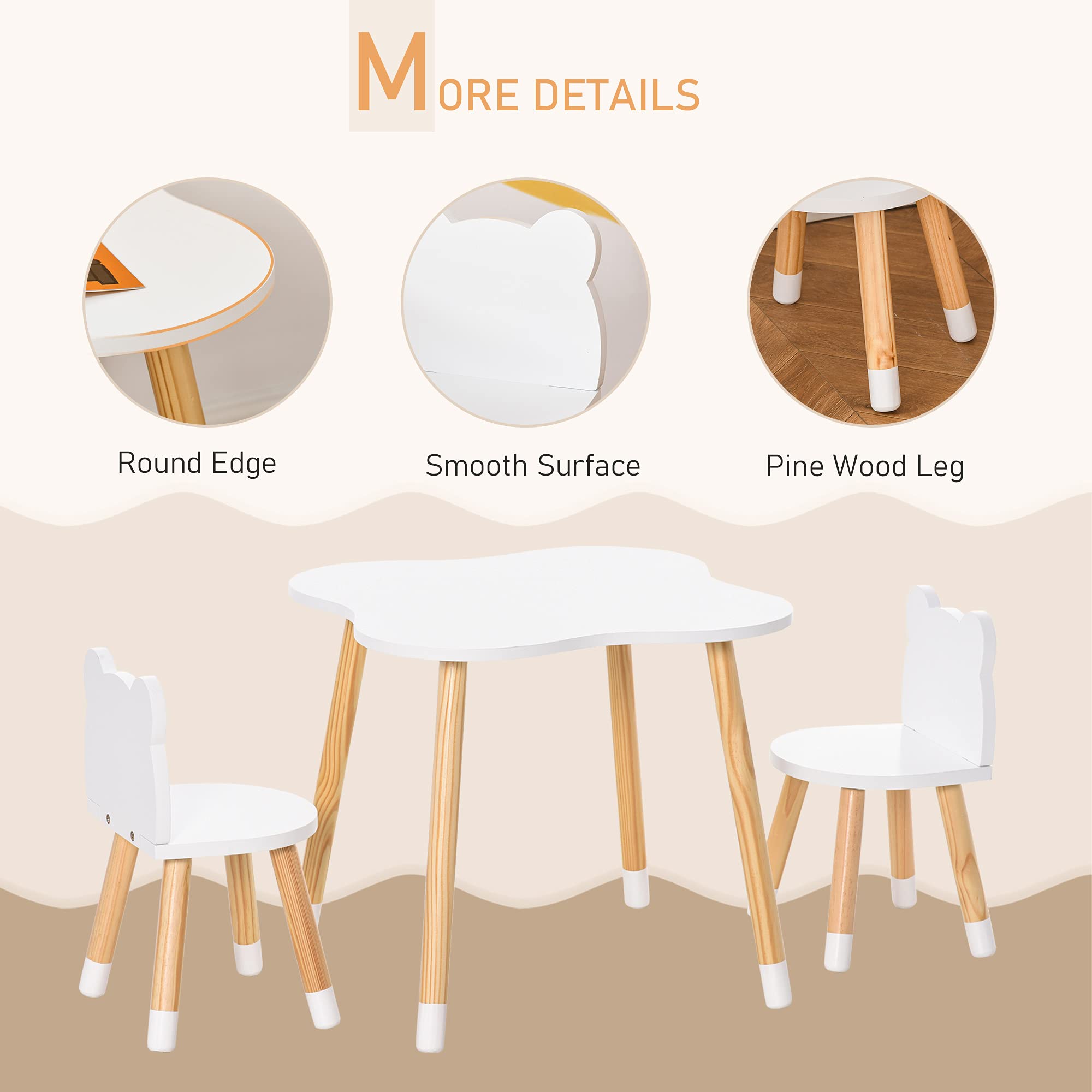 Qaba Kids Wooden Table and 2 Chairs Set - 3-Piece Children's Dining Table with Cute Bear Design & Rounded Corners for Toddlers Ages 1-4 - Perfect for Reading, Drawing, Playing & Learning Activities in Nursery, Playroom or Bedroom