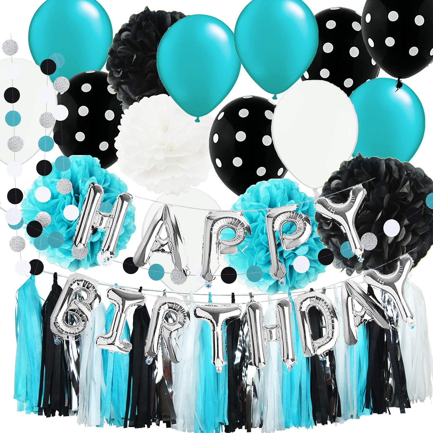 16th Birthday Party Decorations for Girls - Turquoise, Teal, White, Black & Silver Theme with Polka Dot Balloons | Perfect for Sweet 16 Celebrations, Birthday Parties & Special Occasions