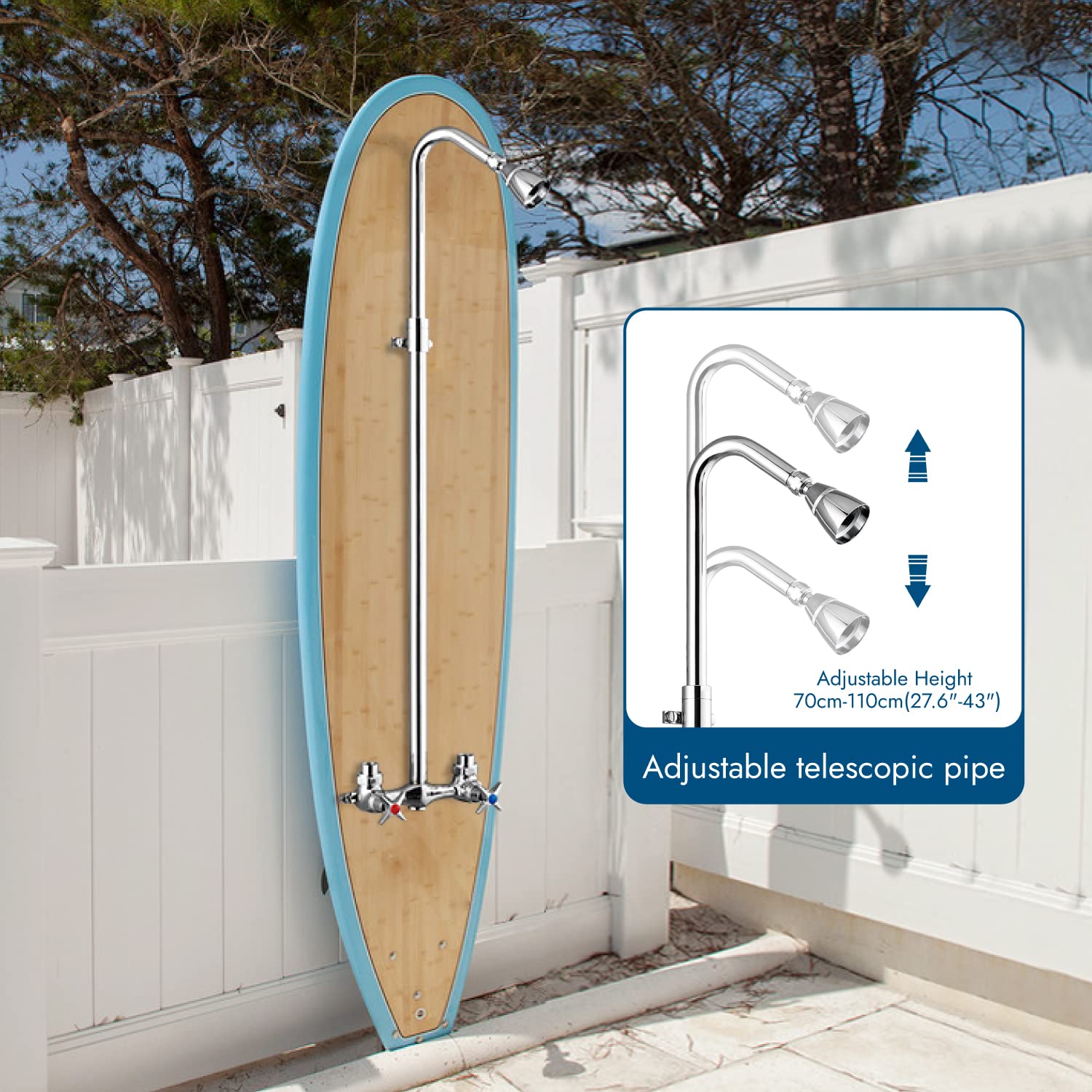 Polished Chrome Outdoor Shower System - Wall Mounted Exposed Shower Kit with Adjustable Slider, Dual Cross Handles & Brass Faucet Mixer Valve - Perfect for Poolside, Garden, Backyard & Beach Showers