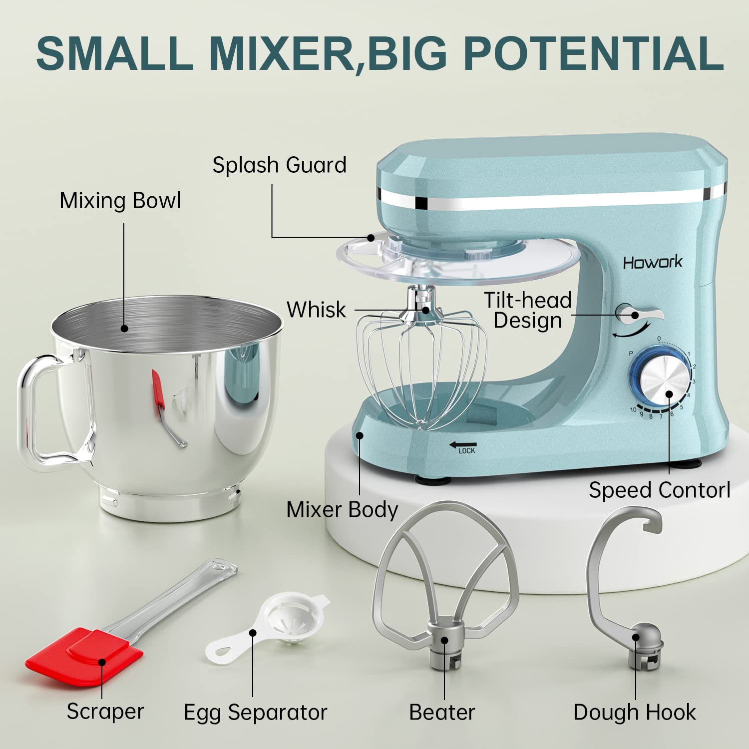 HOWORK 6.5QT Stand Mixer - 10+ Speed Electric Kitchen Mixer with Stainless Steel Bowl, Dough Hook, Wire Whip & Beater - Perfect for Baking, Cooking, Meal Prep & Home Kitchen Use (Blue)