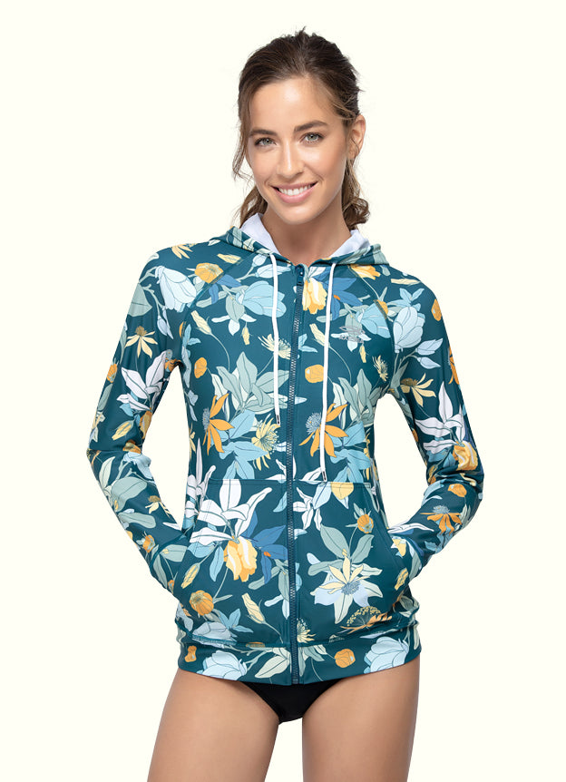 Flora Hoodie Rash Guard UPF 50+ Long Sleeve Swim Shirt for Women - Sun Protection Beachwear by Italy Artist x Axesea | Perfect for Surfing, Swimming & Outdoor Water Activities