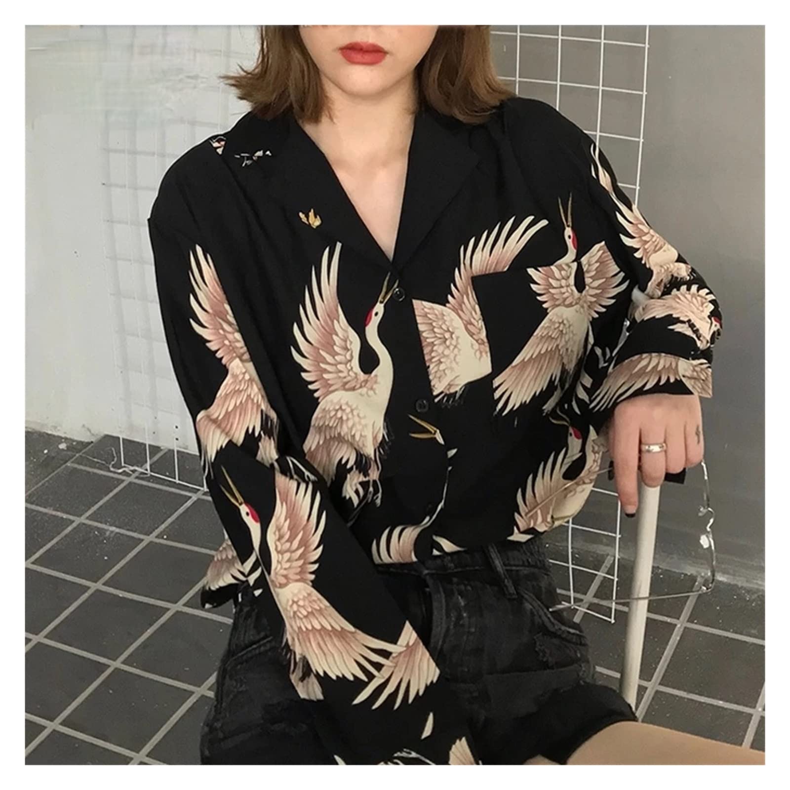 Women's Oversized Print Button-Up Long Sleeve Blouse - Streetwear Black Top (Color: A, Size: XL) | Casual Wear, Office Outfit & Street Style Fashion