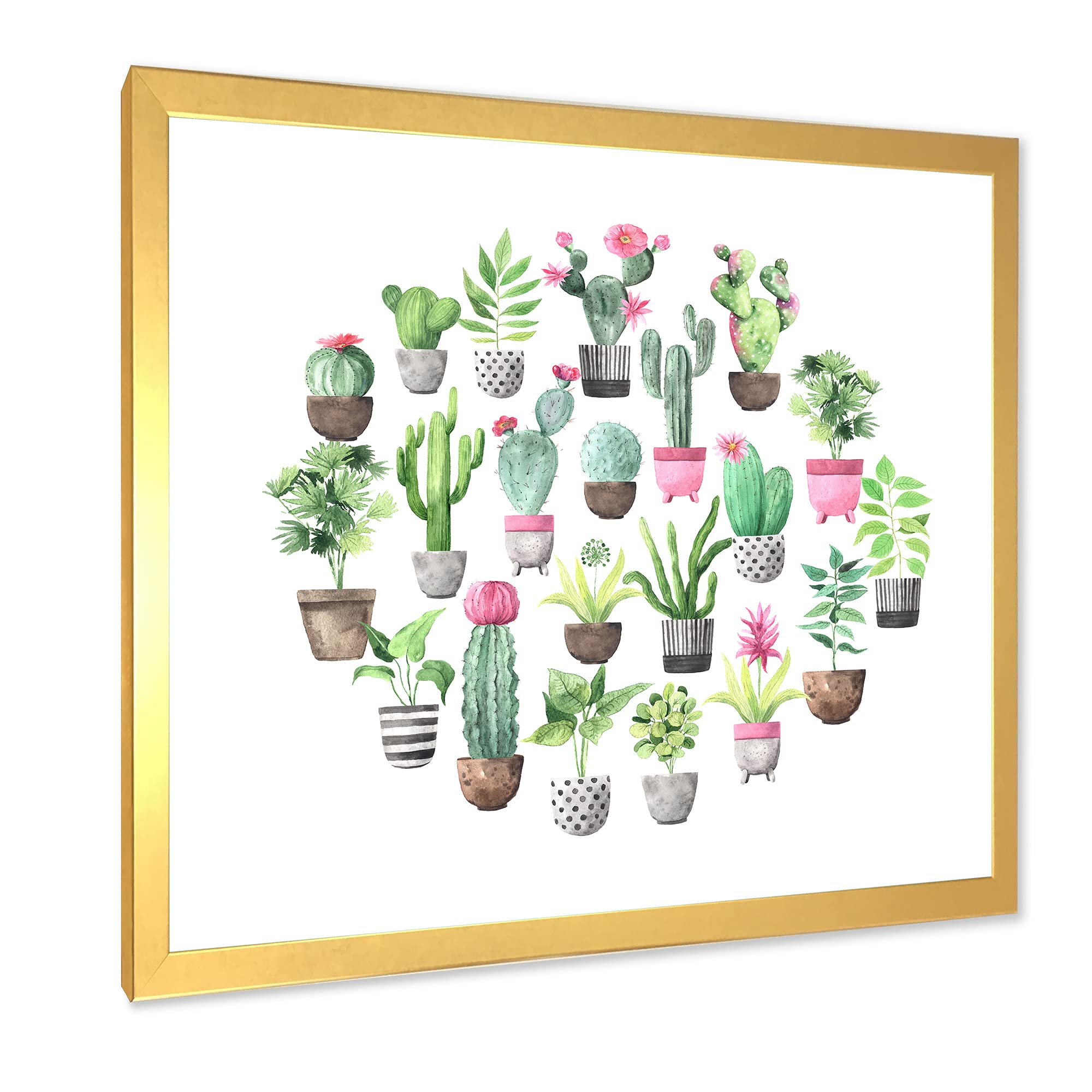 DesignQ Cacti in Ceramic Pots - Soft Tone Traditional Framed Wall Art Decor for Living Room, Bedroom & Office