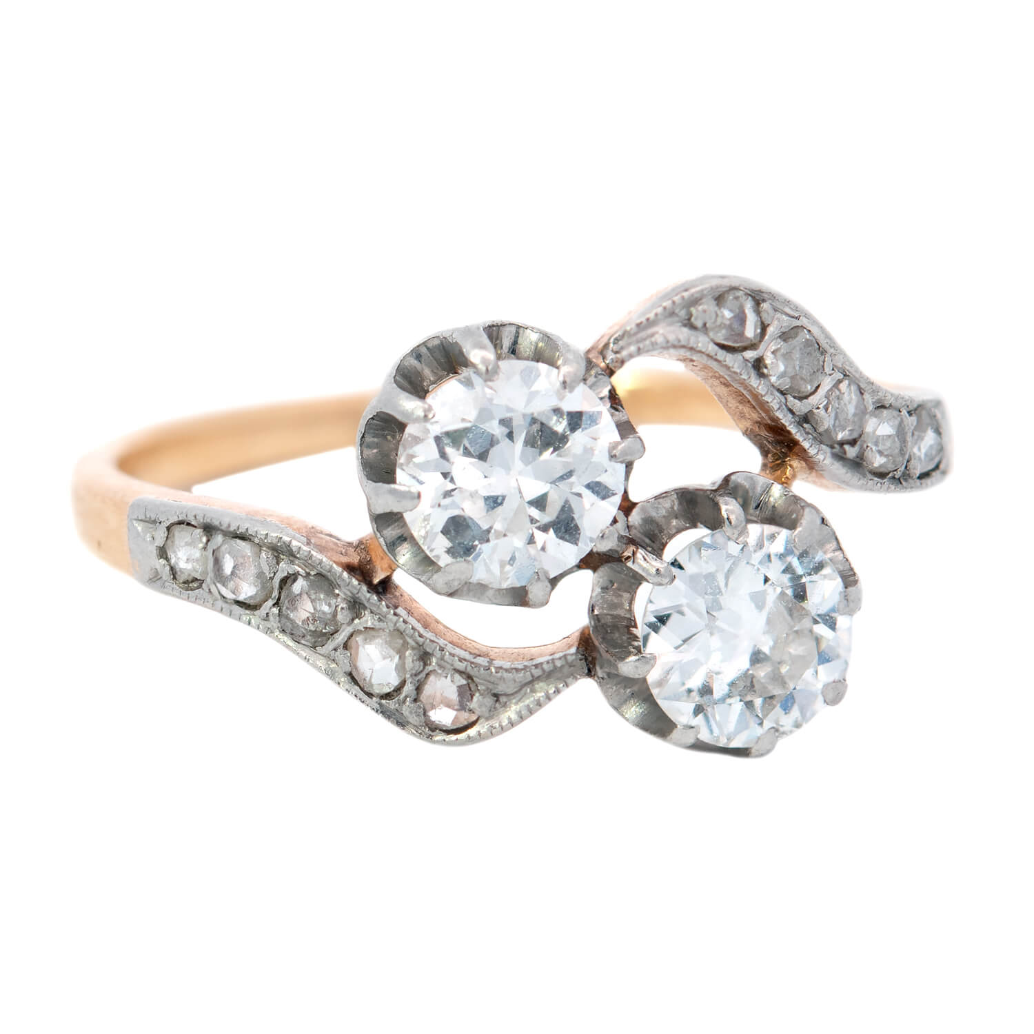 Edwardian 18k Gold & Platinum Moi et Toi Bypass Diamond Engagement Ring - Vintage Bridal Jewelry for Wedding Proposal & Anniversary Gifts