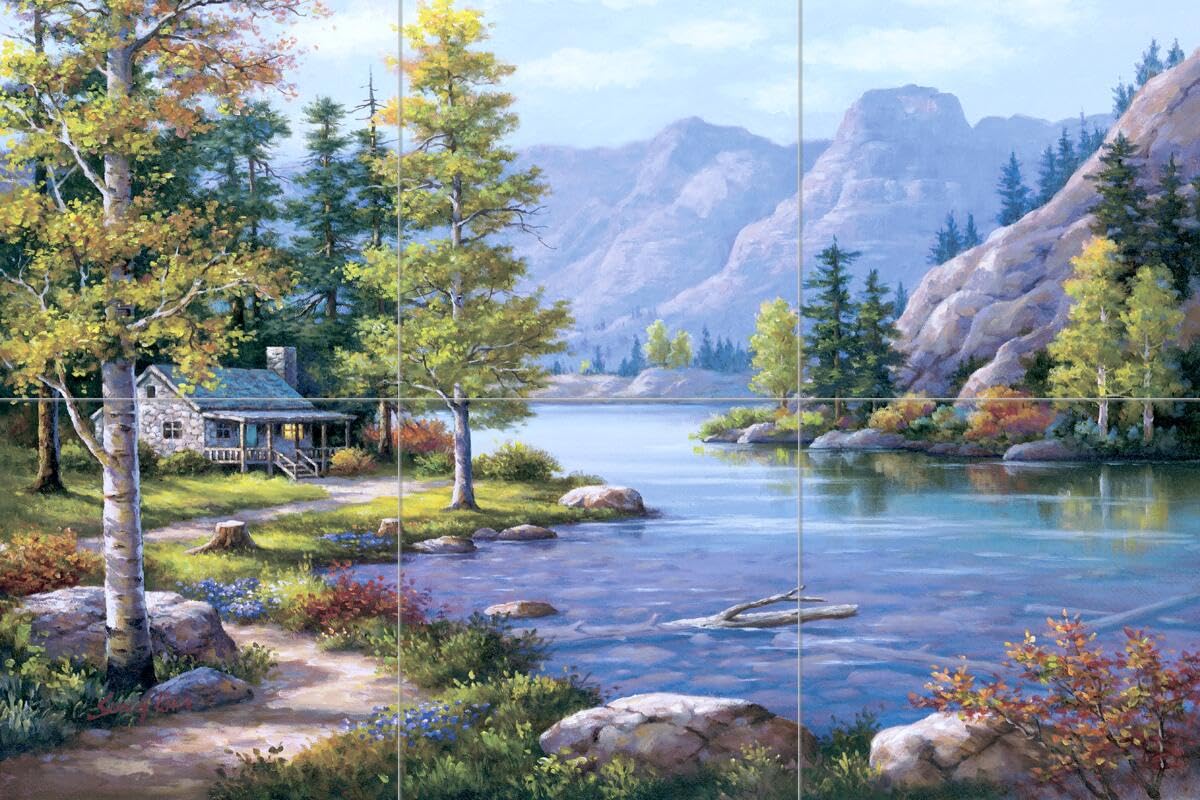 Ceramic Backsplash Tile Mural - Woodland Landscape Design for Kitchen, Bathroom & Living Room - Lakeside Lodge Theme by Sung Kim - Perfect for Rustic, Cabin & Nature-Inspired Home Decor