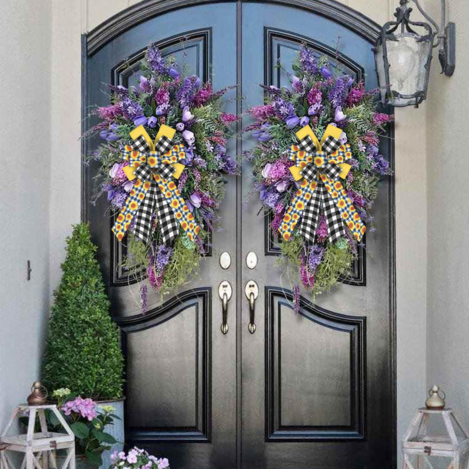 Large Sunflower Wreath Bows - Black White Buffalo Plaid for Farmhouse Door Decor