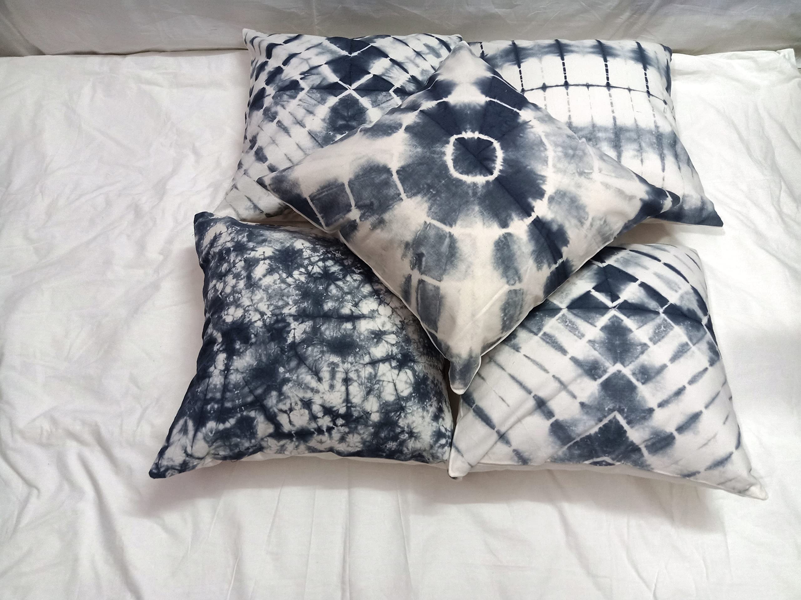 INDACORIFY 5-Piece Tie Dye Throw Pillow Covers Set - 16x16 Inch Indigo Shibori Decorative Cotton Pillow Cases for Sofa, Chair & Outdoor Use - Boho Bohemian Style Home Decor for Living Room, Bedroom & Patio