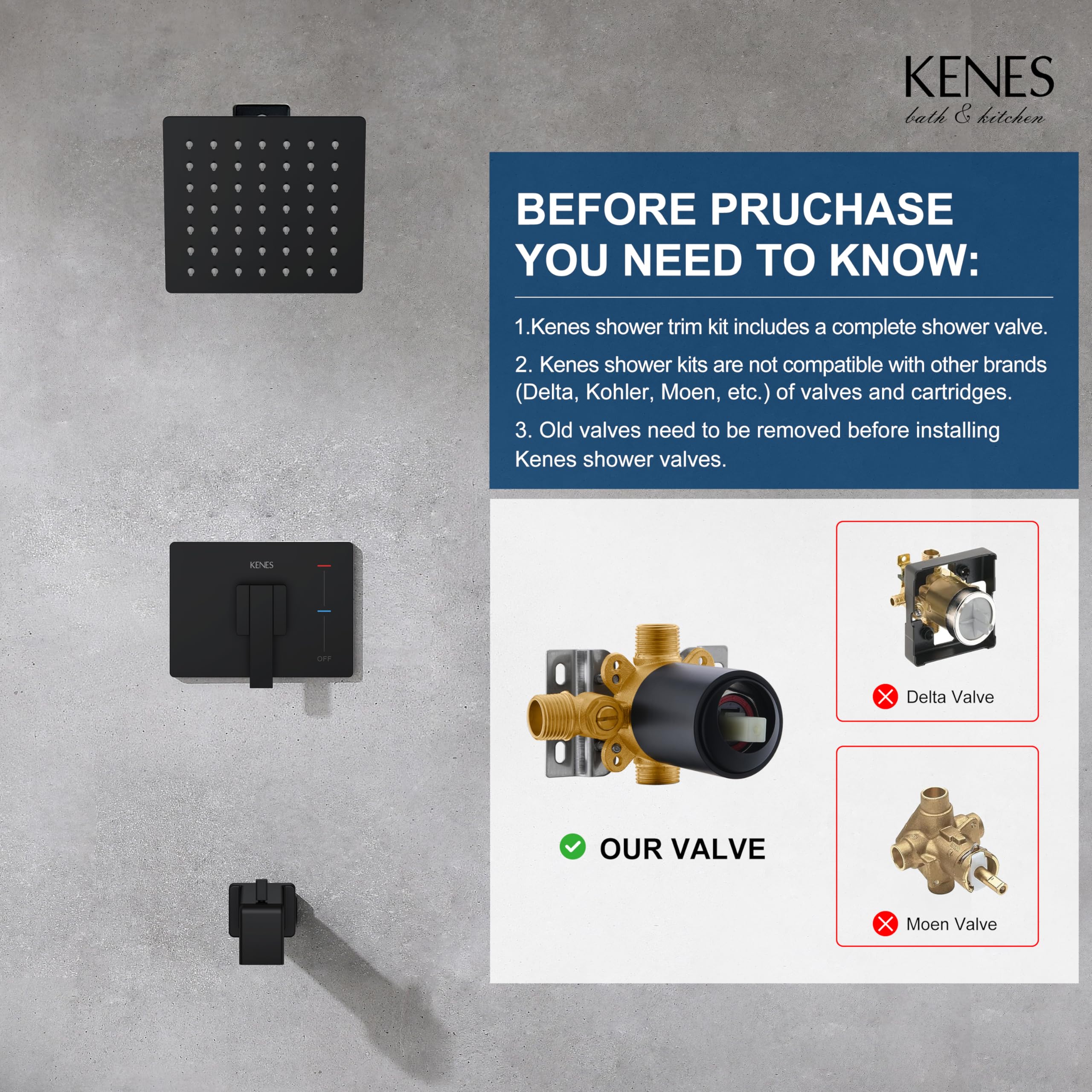 Kenes Modern Matte Black Shower Faucet Set - Single-Spray Square Stainless Steel Rain Shower Head with Tub & Shower Trim Kit (Valve Included) KE-6025A-2 - Perfect for Bathroom Renovation & Luxury Spa Experience