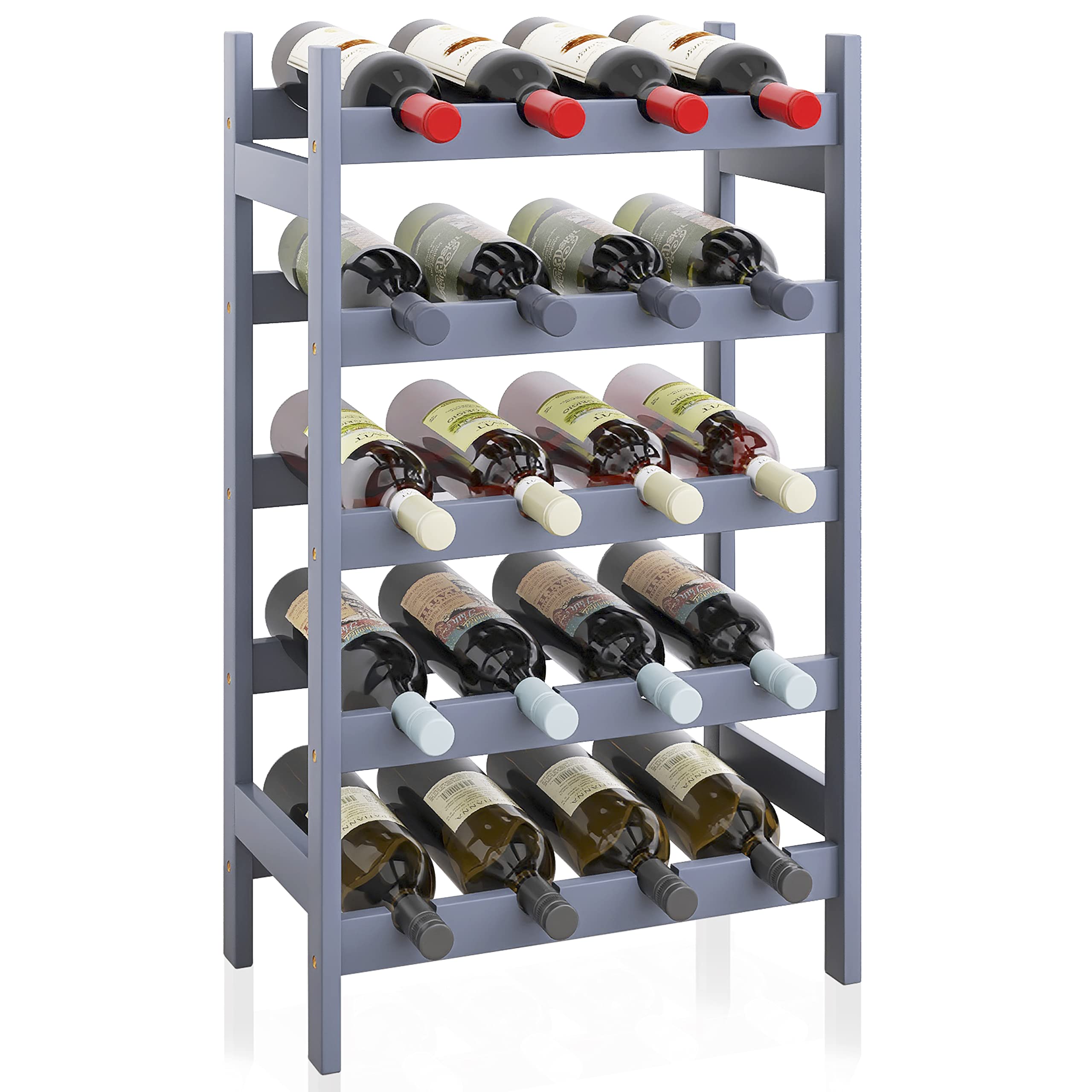 SMIBUY 5-Tier Bamboo Wine Rack - 20 Bottle Capacity, Freestanding Wine Display Holder for Kitchen, Bar, Cellar & Pantry Storage - Durable & Stylish Gray Finish - Perfect for Home Entertaining & Wine Collection Organization