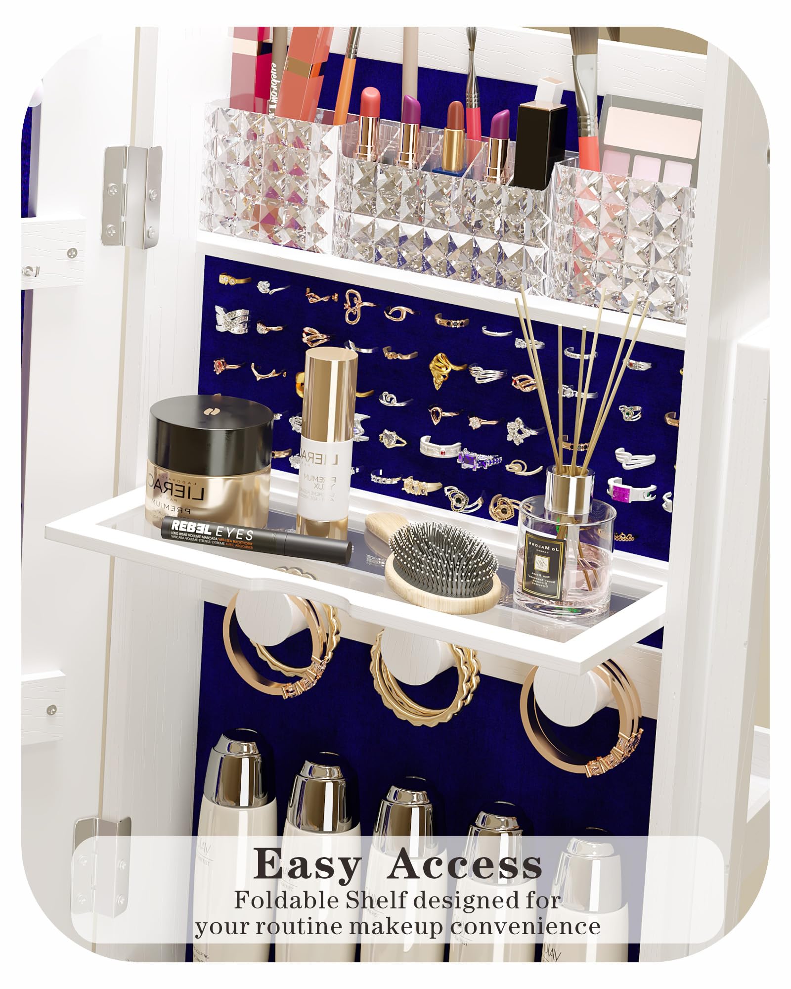 Full-Length Standing Mirror Jewelry Cabinet with LED Lights, Ample Storage & Rotating Shelf - White | Perfect for Bedroom, Dressing Room & Closet Organization