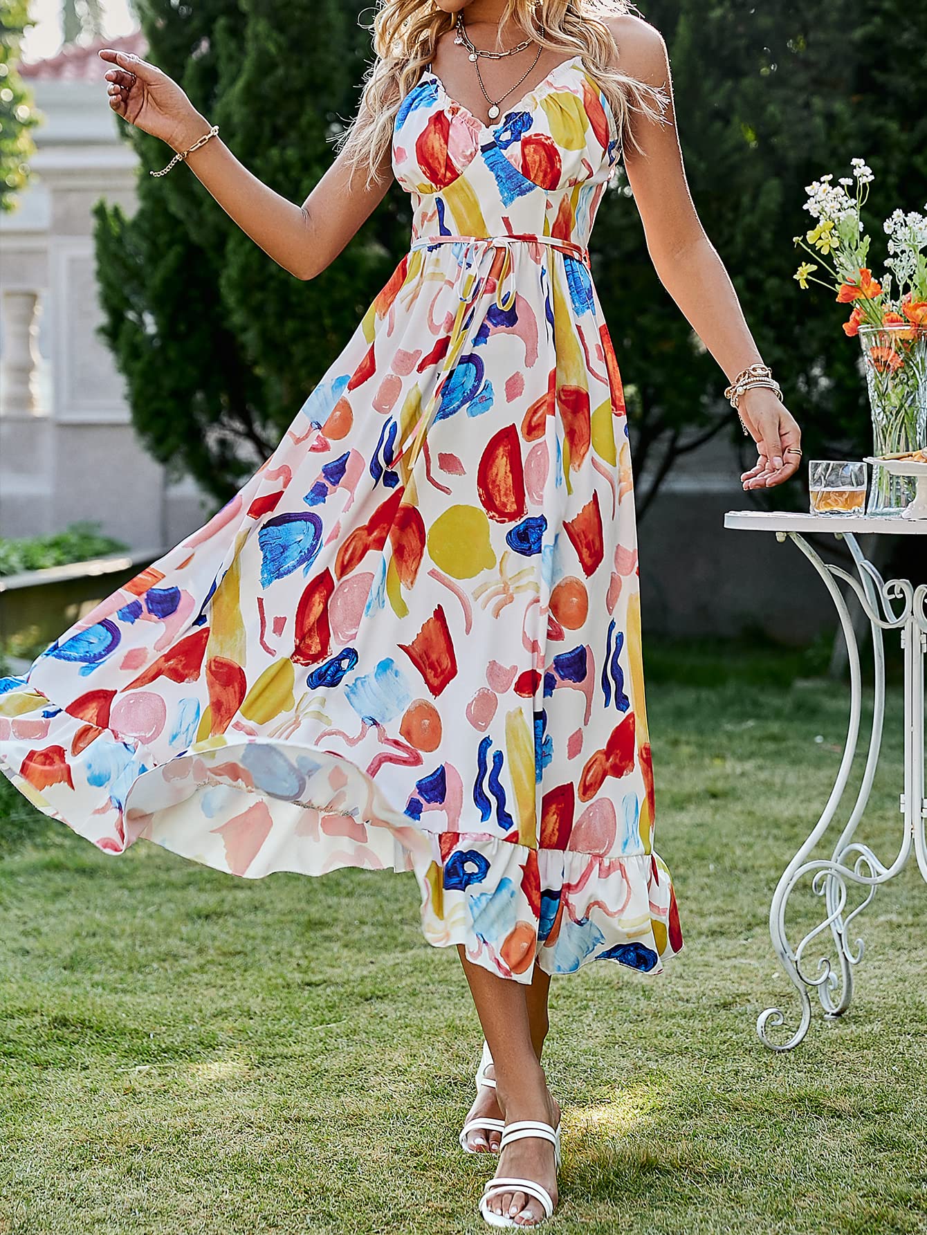Women's Floral Summer Midi Dress - Spaghetti Strap V-Neck A-Line Sundress for Beach, Vacation & Casual Wear | Lightweight Swing Dress for Outdoor Parties, Date Nights & Summer Getaways