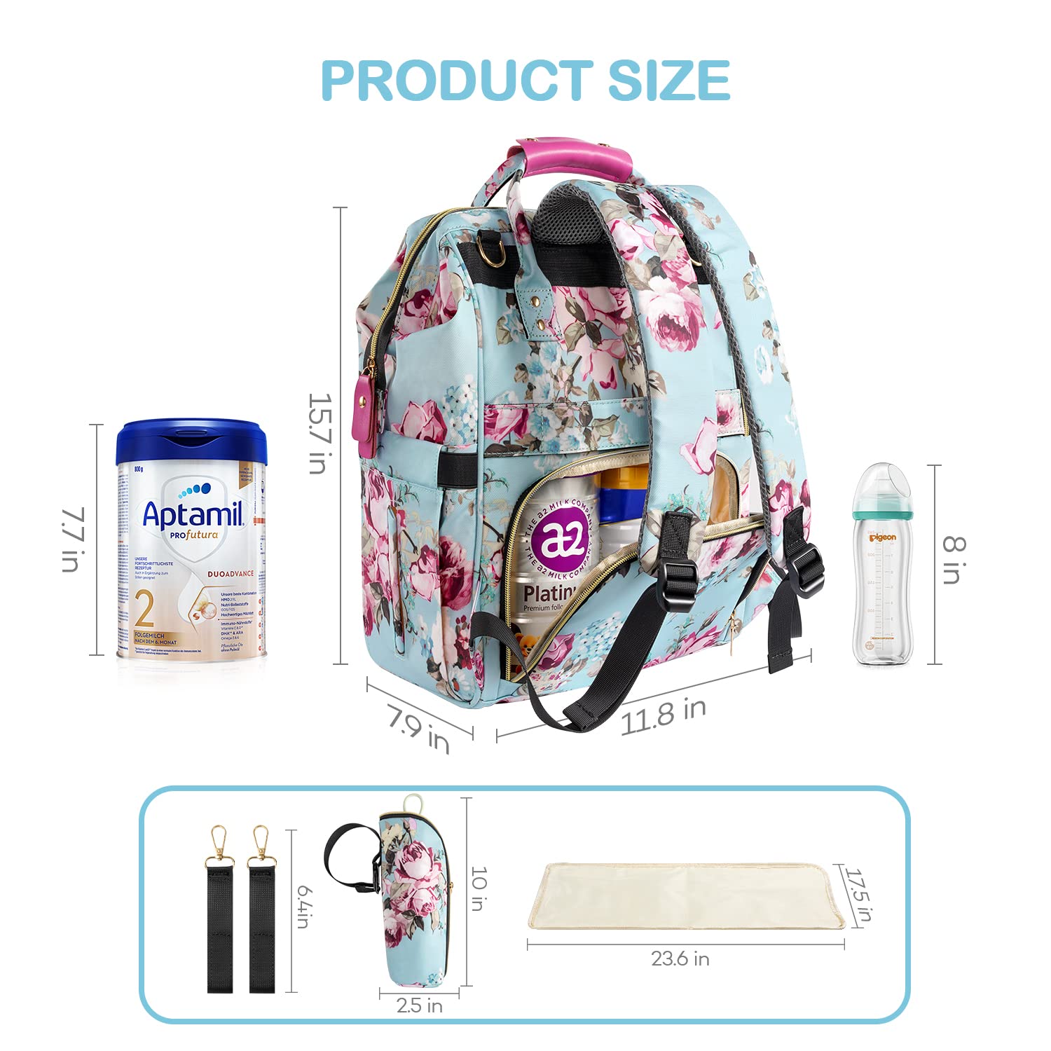 **LitBear Large Waterproof Diaper Backpack for Baby Girls - Insulated Multifunctional Travel Maternity Bag with Diaper Pad & Bottle Pockets, Floral Design (Rose Flower) - Perfect for Daycare, Travel & Outings**