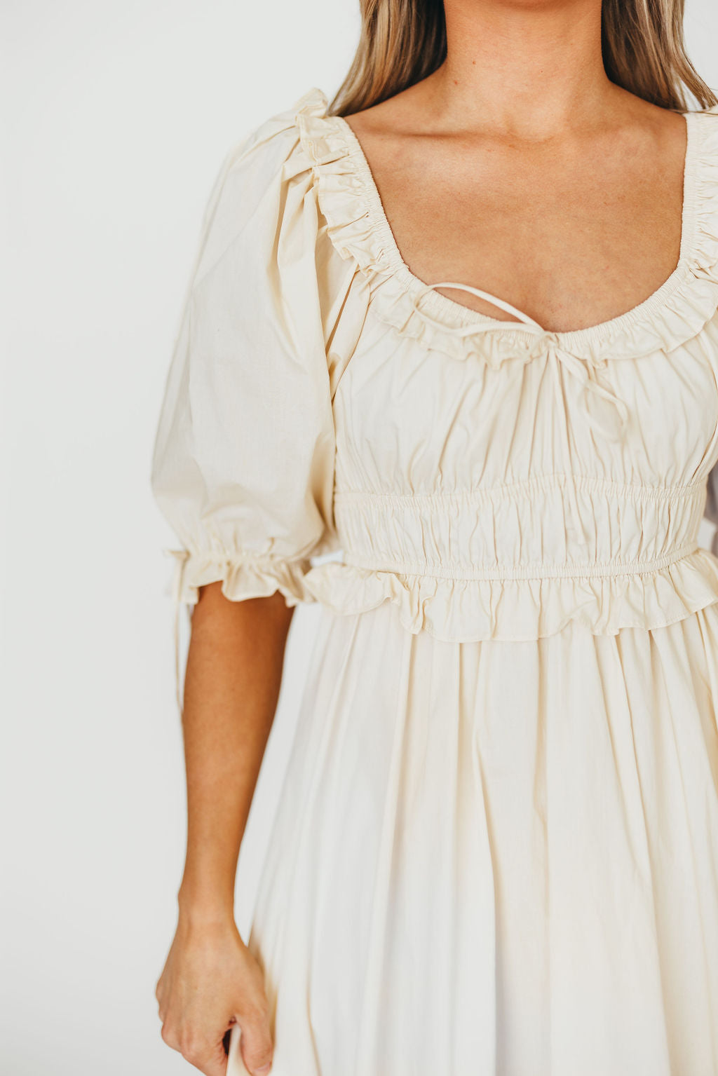 100% Cotton Crissy Ruched Midi Dress in Cream - Bump Friendly Maternity Dress for Pregnancy, Nursing & Postpartum - Perfect for Baby Showers, Date Nights & Special Occasions
