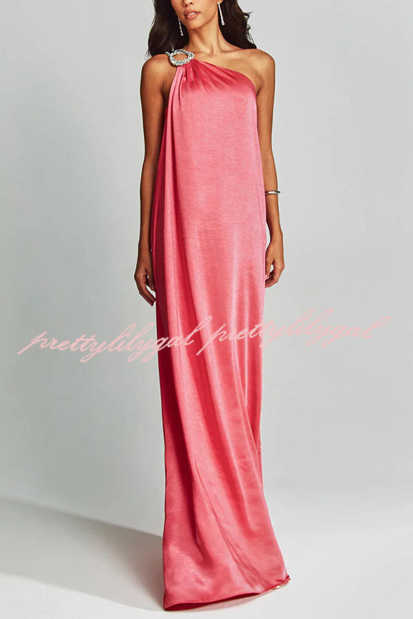 Elegant One Shoulder Satin Maxi Dress with Metal Hardware - Perfect for Weddings, Parties & Evening Events