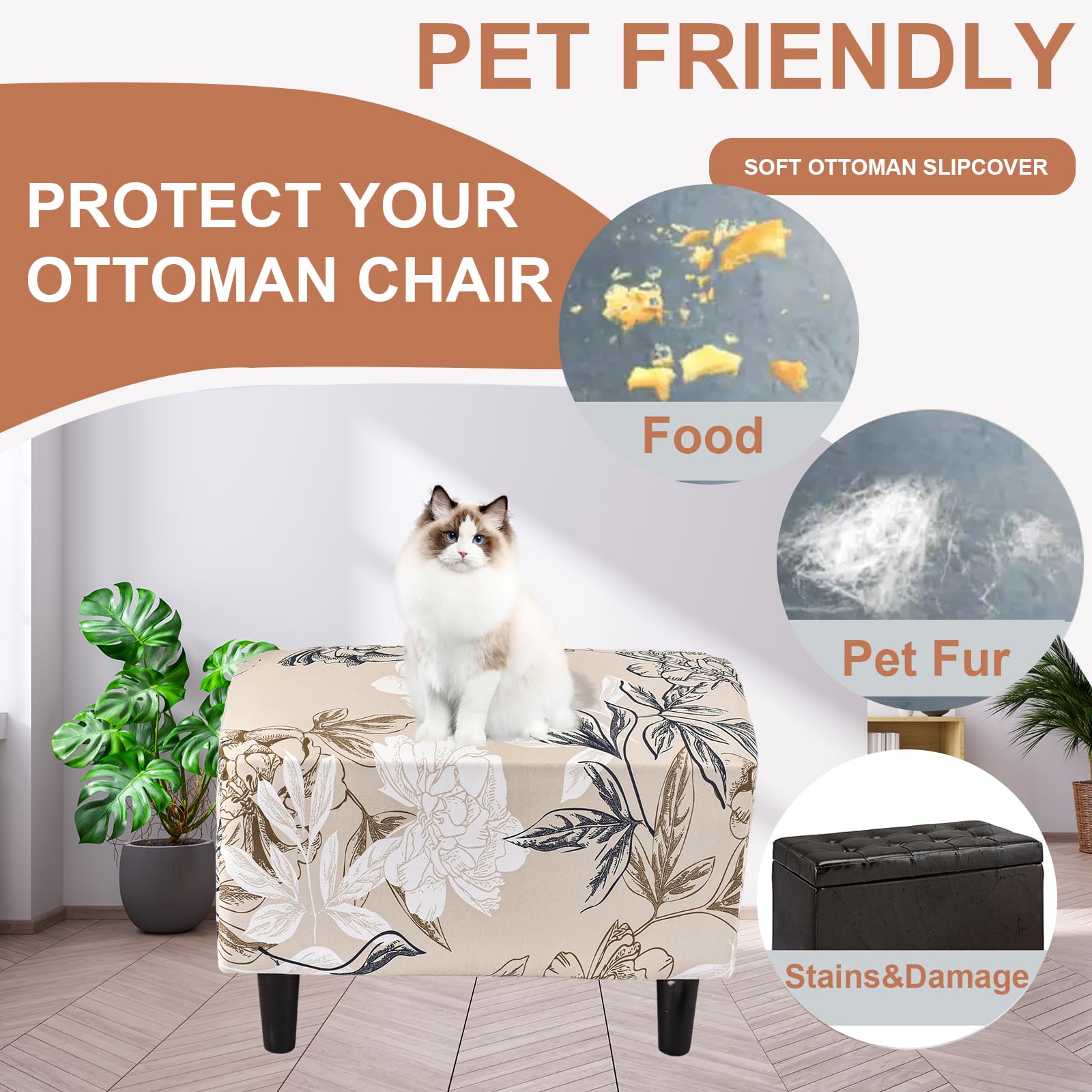 Stretch Ottoman Slipcover with Non-Slip Elastic Bottom - Rectangular Storage Footrest Stool Cover, Durable Chair Covers for Living Room, Bedroom & Office Furniture Protection
