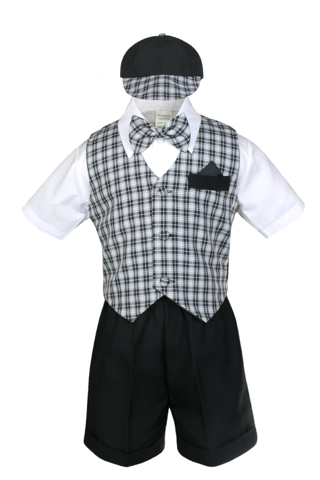 7-Piece Baby Boy Black Formal Shorts Check Suits Set with Extra Vest & Bow Tie (Sizes S-4T) - Perfect for Weddings, Parties & Special Occasions