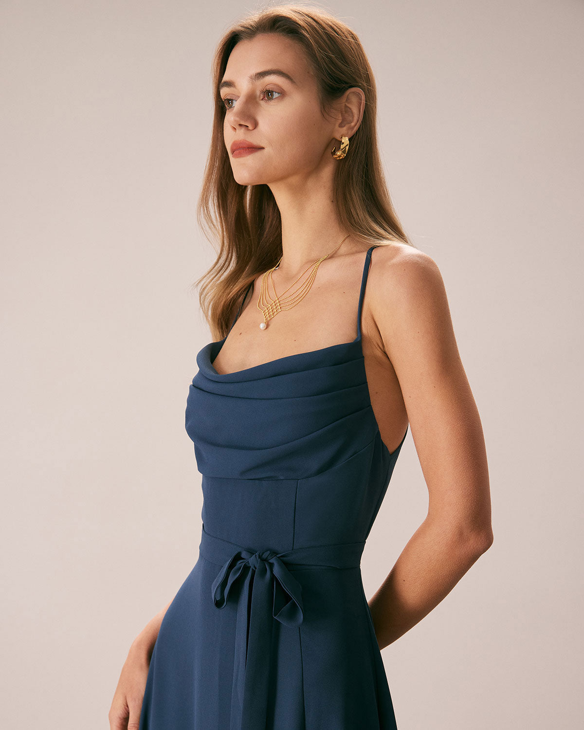 Elegant Navy Blue Cowl Neck Cutout Back Maxi Dress for Women - Perfect for Evening Parties, Weddings & Special Occasions