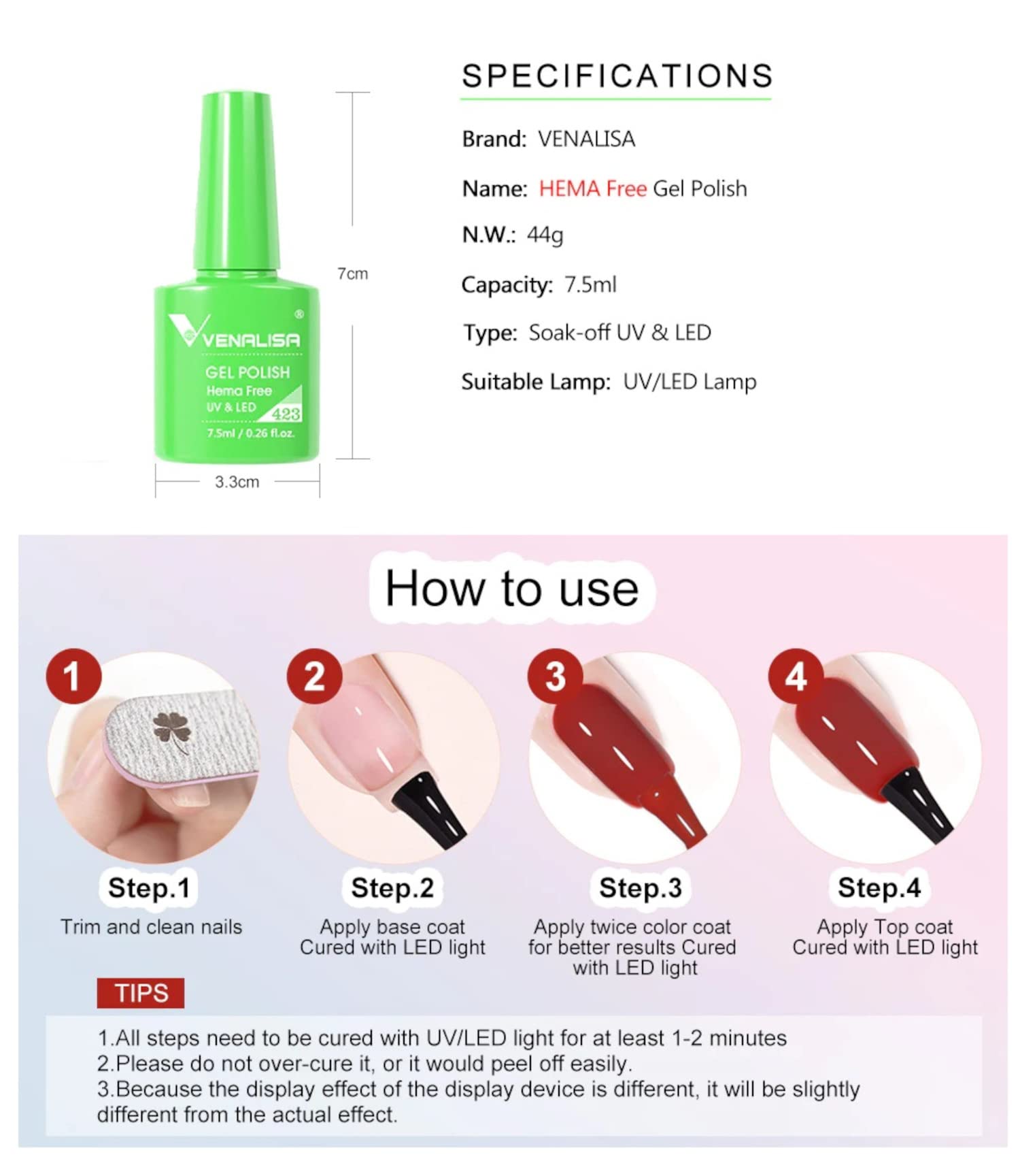 VENALISA 7.5ml #459 Soak Off UV LED Gel Nail Polish - Long Lasting Salon Quality Manicure Gel for Nail Art - Requires UV/LED Light to Cure - Perfect for Home DIY, Professional Salon & Special Occasions