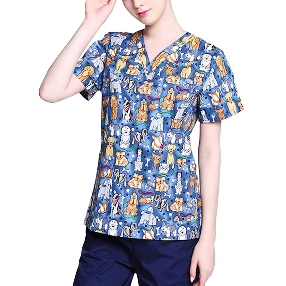 Kesyoo Cute Puppy Print Nursing Uniform - Soft Cotton Hospital Workwear for Women - Comfortable Scrubs for Nurses, Doctors & Healthcare Professionals - Perfect for Clinics, Hospitals & Vet Offices