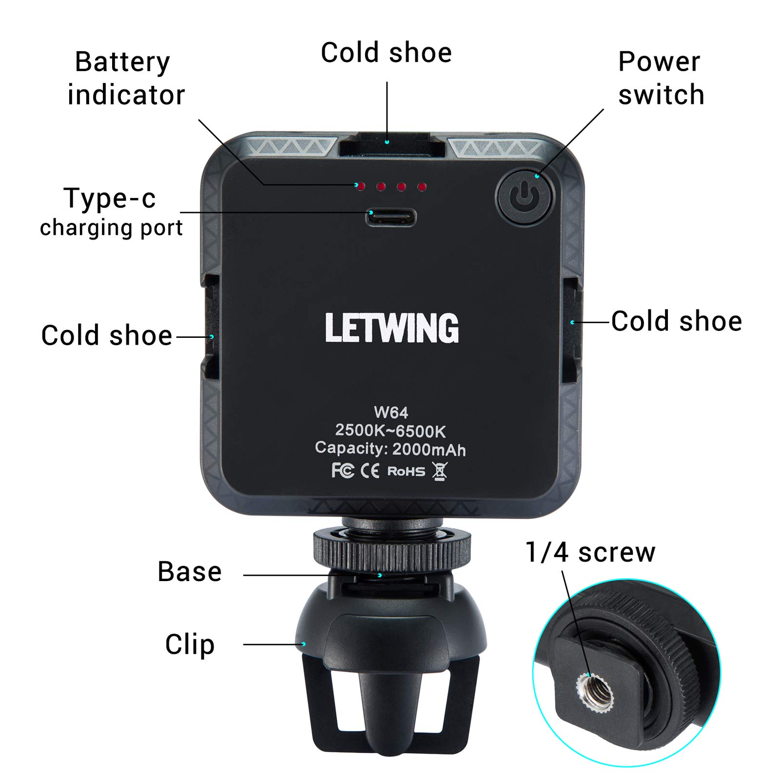 LETWING W64 Dimmable Rechargeable LED Video Light - Professional Conference Lighting Kit for Zoom, Streaming & Remote Work - Clip-On Laptop Fill Light for Home Office & Video Calls