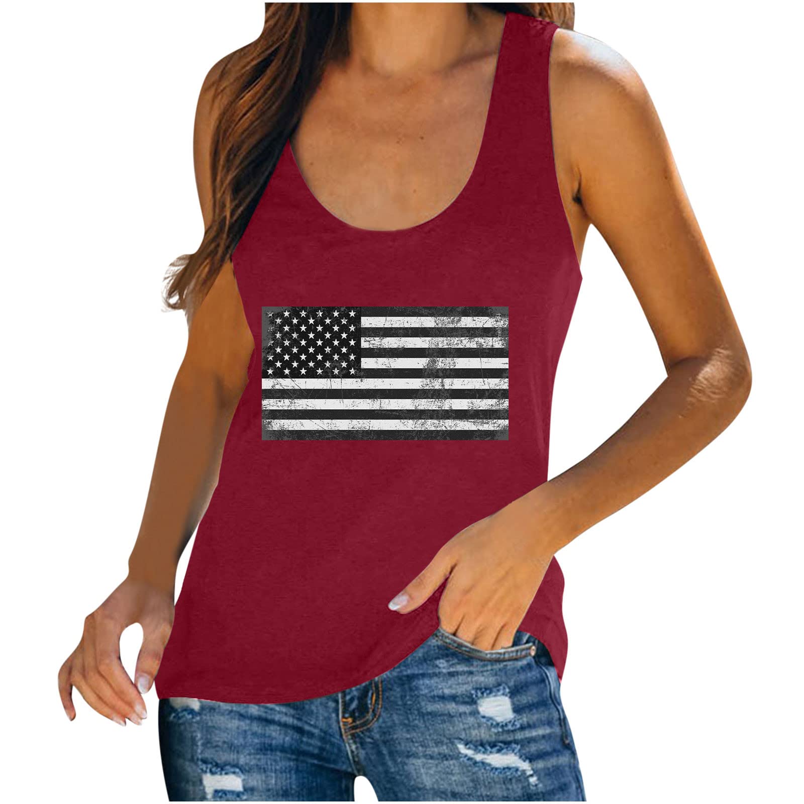 Women's Summer Tops - Casual Sleeveless Tank Tops with Independence Day Print, Beach Vest Blouse & Camis for Ladies | Perfect for 4th of July Celebrations, Beach Outings & Summer Vacations