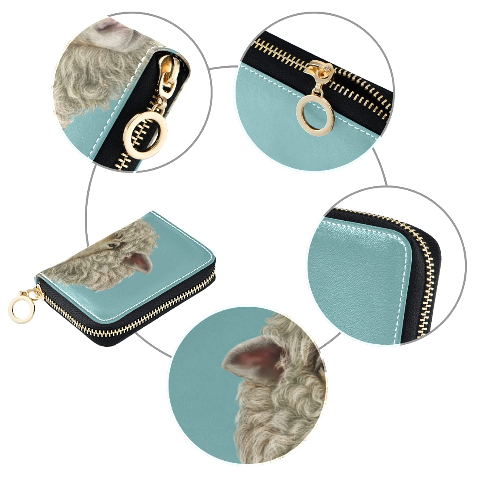 RFID Blocking Women's Leather Card Holder - Slim Credit Card & Coin Wallet with Key Organizer, Zipper Purse for Travel & Daily Use (Grey Sheep Portrait Design)