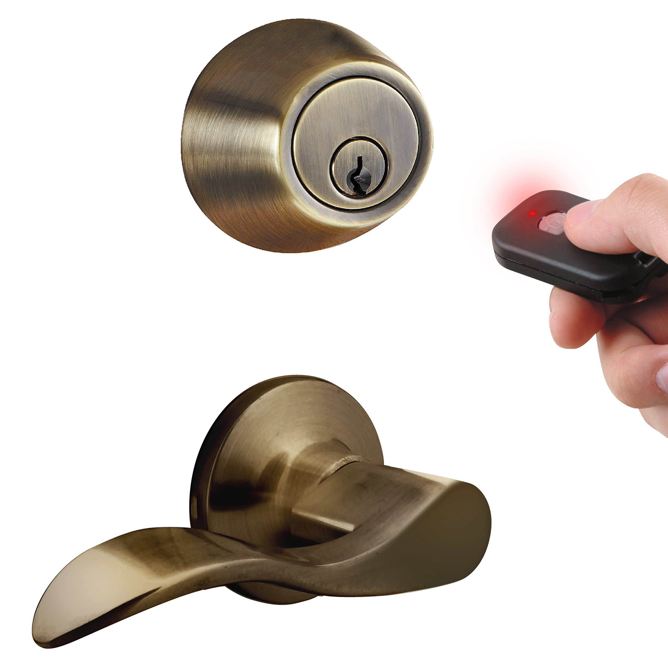 MiLocks WFL-02AQ Smart Digital Deadbolt & Passage Lever Combo - Keyless Entry Remote Control Exterior Door Lock in Antique Brass | Secure Your Home Office, Vacation House or Rental Property