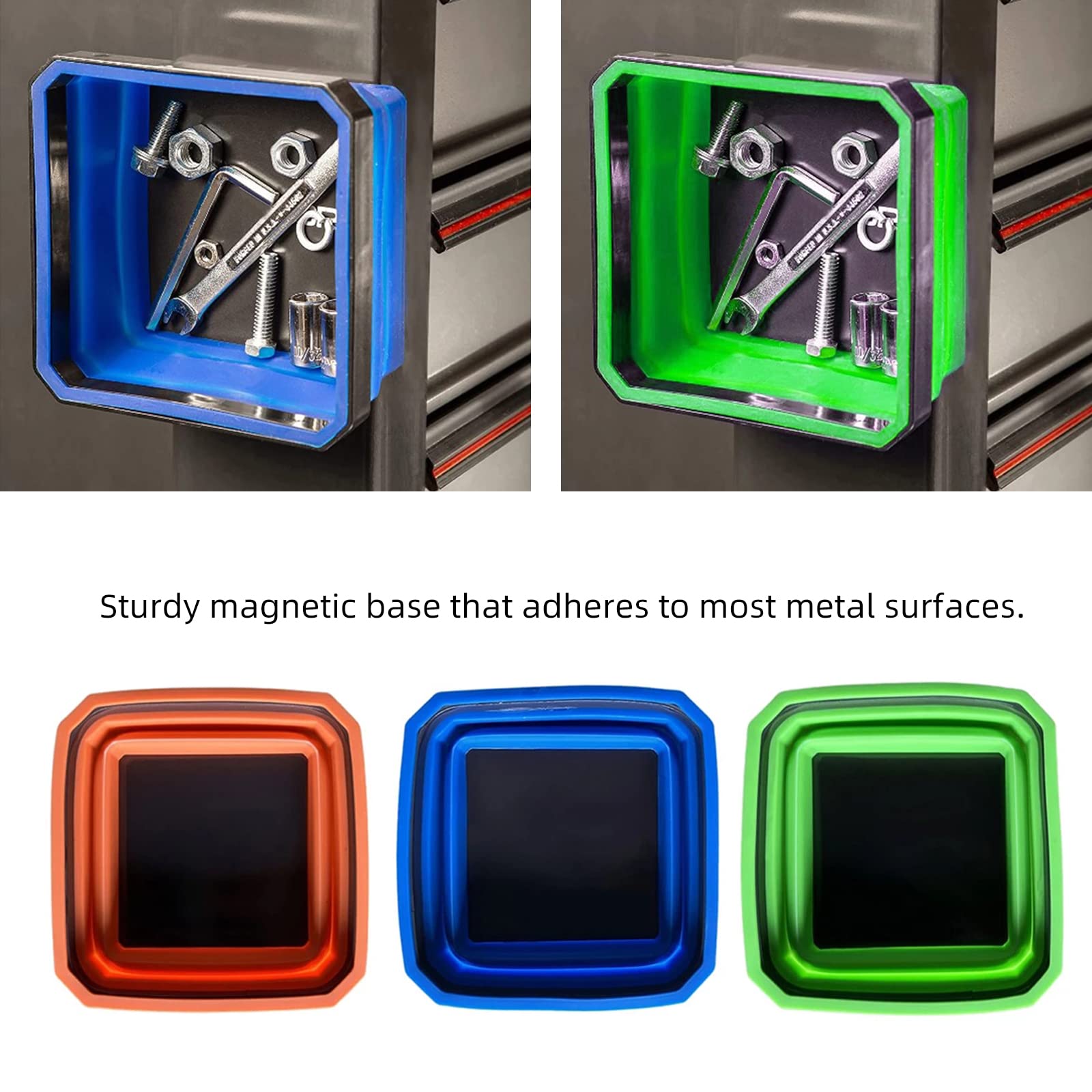 Collapsible Magnetic Silicone Tool Tray Set - Foldable Parts Organizer with Strong Magnets (4 Pack) - Perfect for Mechanics, DIY Projects & Workshop Organization
