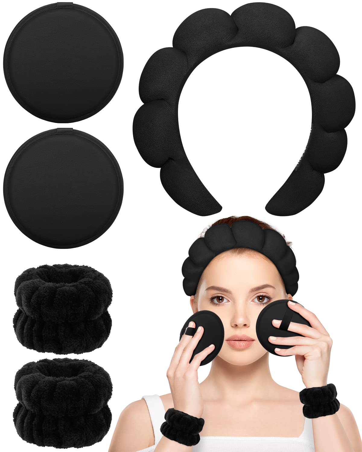 PGRODE 4 Pack Soft Spa Headbands for Women - Black Makeup & Skincare Headband Set with 2 Reusable Makeup Remover Cloths - Perfect for Washing Face, Beauty Routine & Spa Days at Home