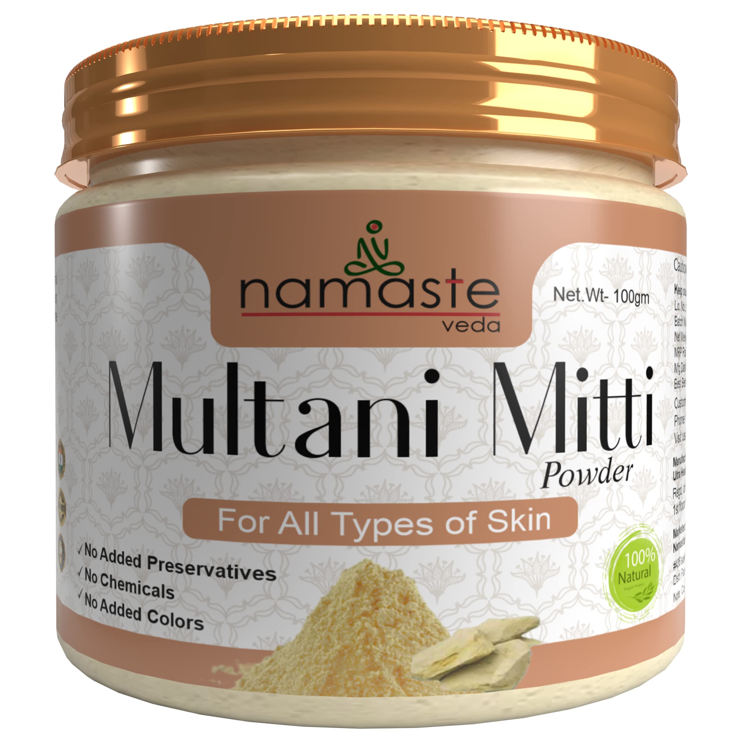 Namaste Veda Pure & Natural Herbal Multani Mitti Clay Powder for Glowing Skin - 100g | Brightening Face Pack, Natural Skin Toner & Tan Remover | Perfect for Daily Skincare Routine & Spa Treatments