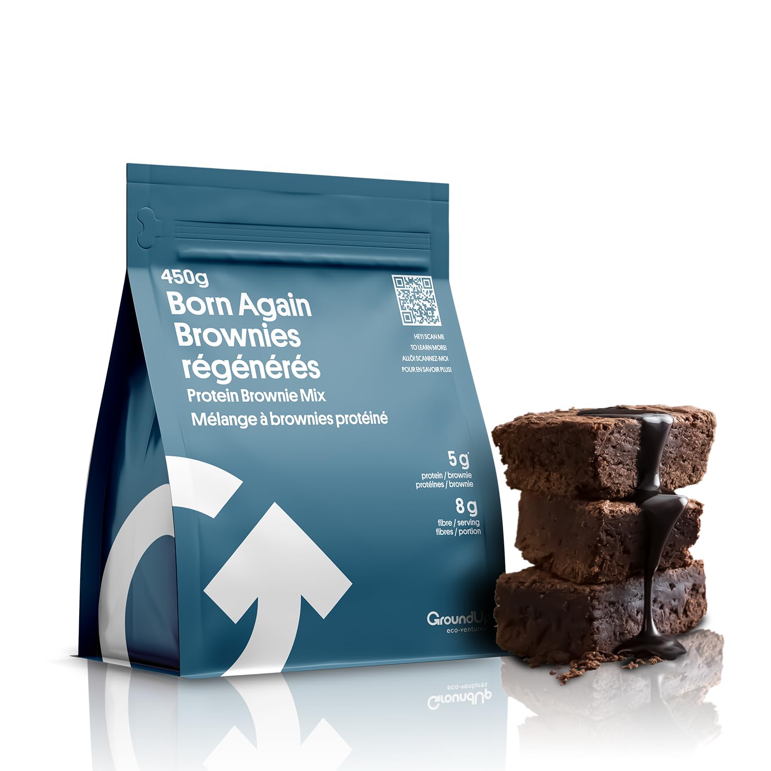 GroundUp Born Again Protein Brownie Mix - High Protein, High Fiber, Low Carb Vegan Brownies with Upcycled Ingredients (15.8oz/450g) - Perfect for Post-Workout Recovery, Healthy Snacking & Plant-Based Diets