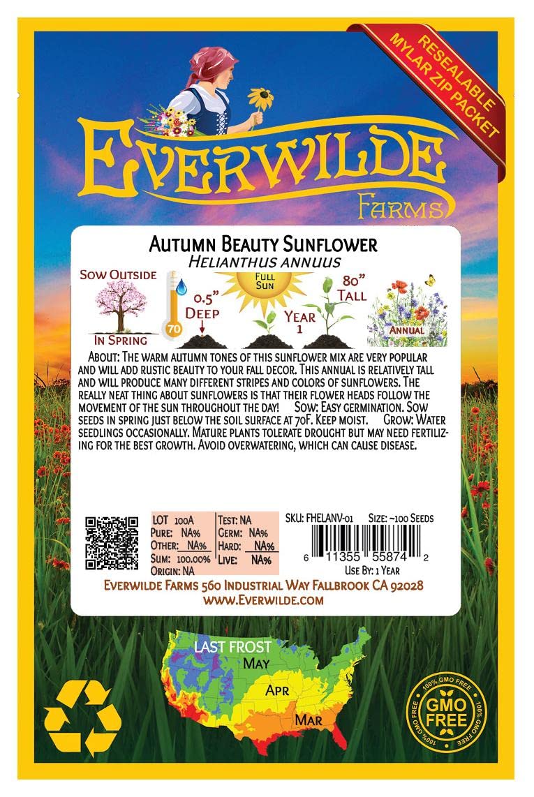 Everwilde Farms 100 Autumn Beauty Sunflower Wildflower Seeds - Gold Vault Jumbo Seed Packet for Garden Planting, Landscaping & Pollinator Gardens