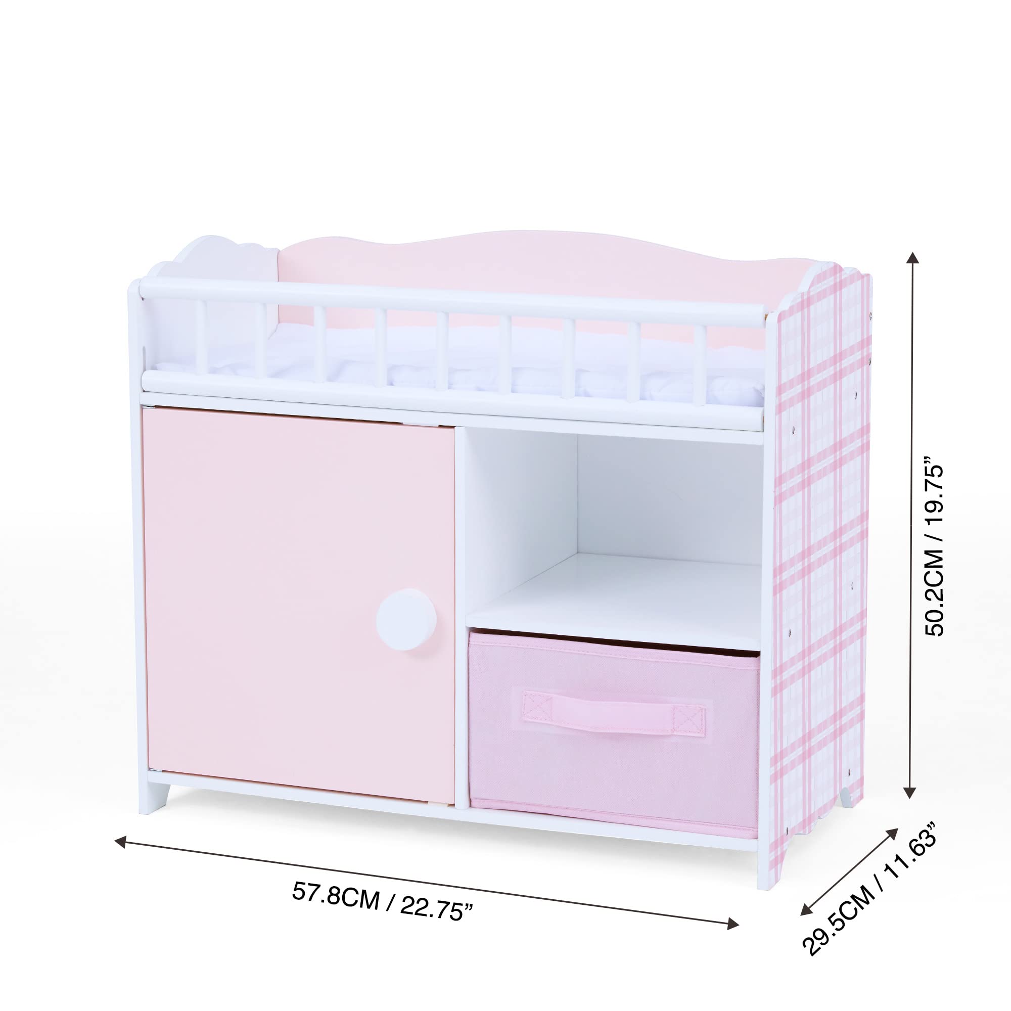 Olivia's Little World Pink and White Polka Dot Princess Wooden Baby Doll Crib with Under-Crib Storage - Cabinet with Door & 2 Cubbies | Perfect for Pretend Play, Nursery Decor & Gift for Toddlers