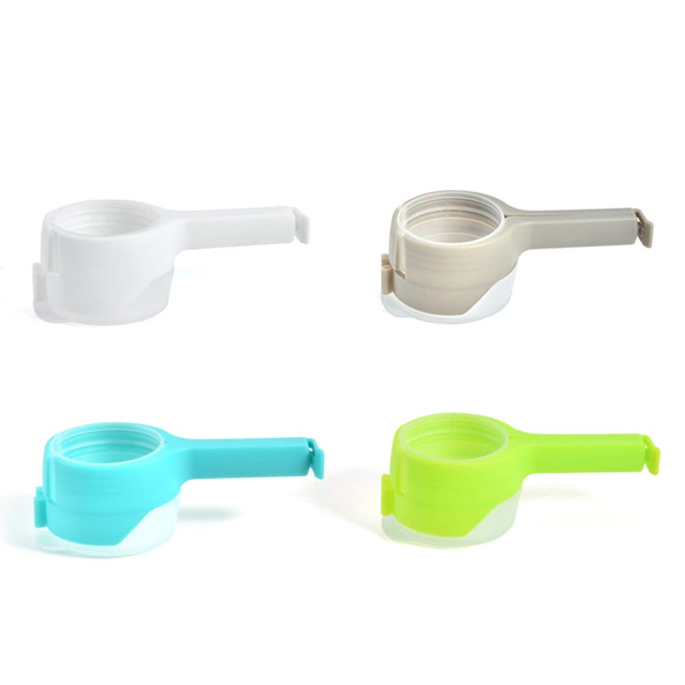 4-Pack Food Storage Bag Clips with Pour Spouts - Reusable Kitchen Chip Bag Sealer Clips for Snacks, Chips & Dry Goods | Plastic Cap Sealing Clips for Pantry Organization (Gray, White, Green, Blue) | Perfect for Picnics, Lunch Boxes & Home Storage