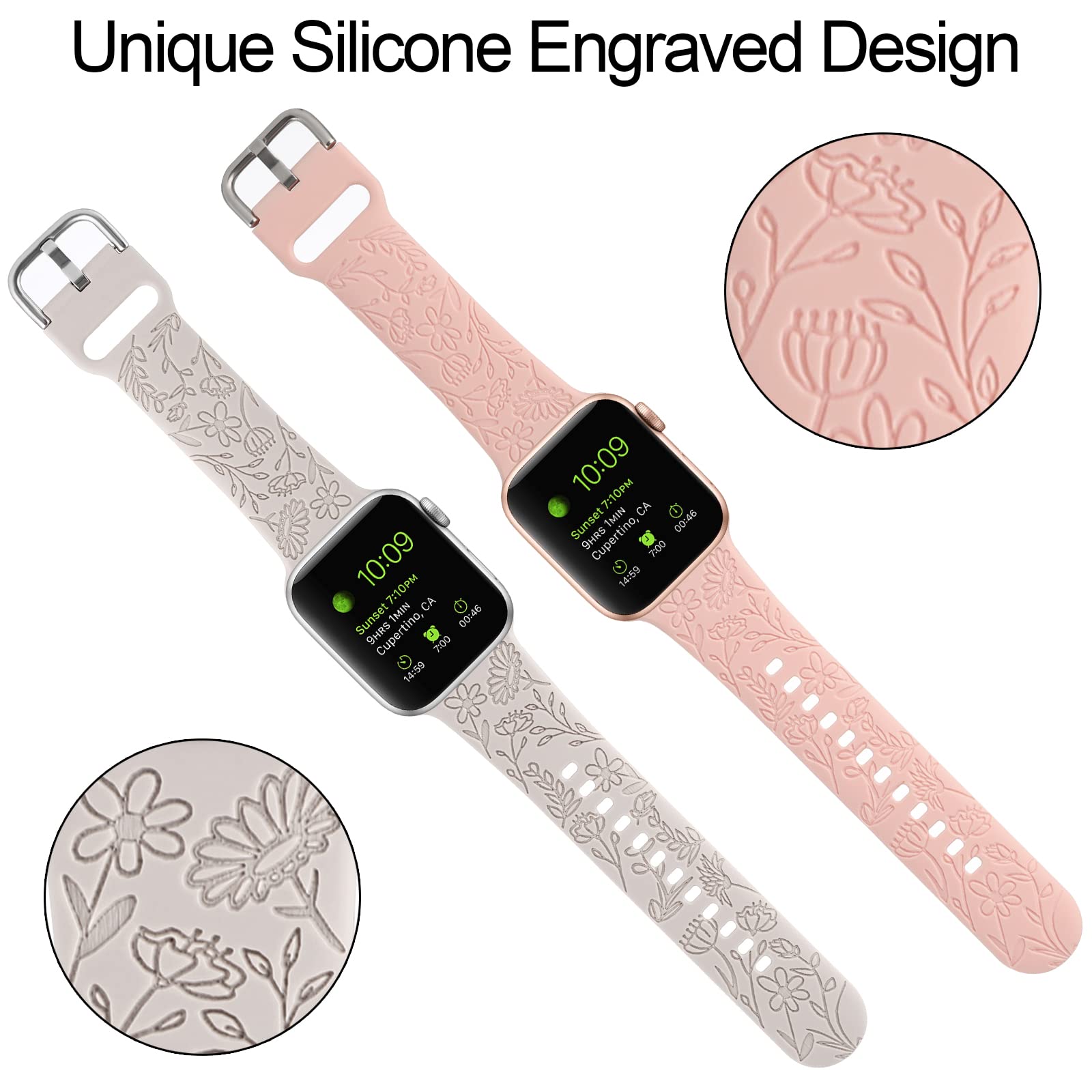 2 Pack Floral Engraved Sport Band for Apple Watch 38mm 40mm 41mm - Soft Silicone Replacement Strap Compatible with iWatch Series 8/7/6/5/4/3/2/1/SE - Women's Fashion Accessory for Workout, Running & Daily Wear