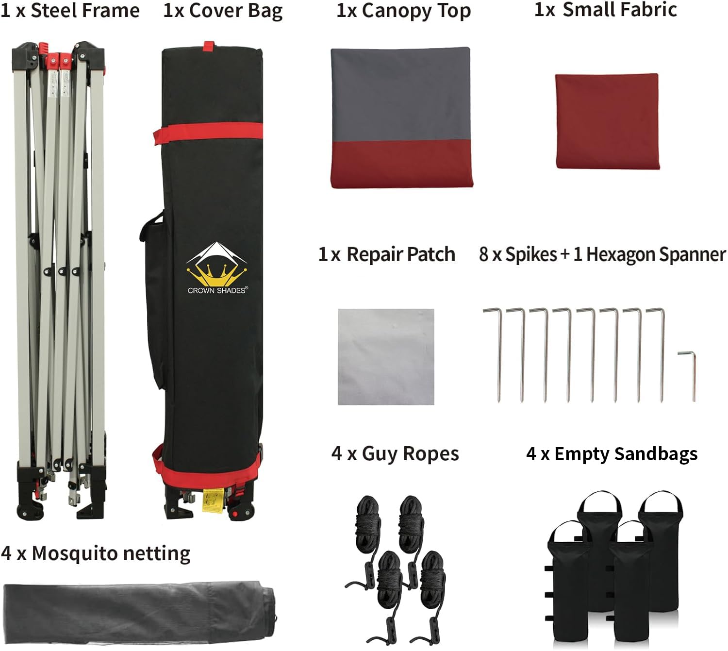 CROWN SHADES 11x11 Pop Up Gazebo Canopy Tent with Netting - One Push Open Design, Wheeled STO-N-Go Cover Bag - Perfect for Patio, Backyard, Camping, Picnics & Outdoor Events (11x11 Feet, Red & Grey)