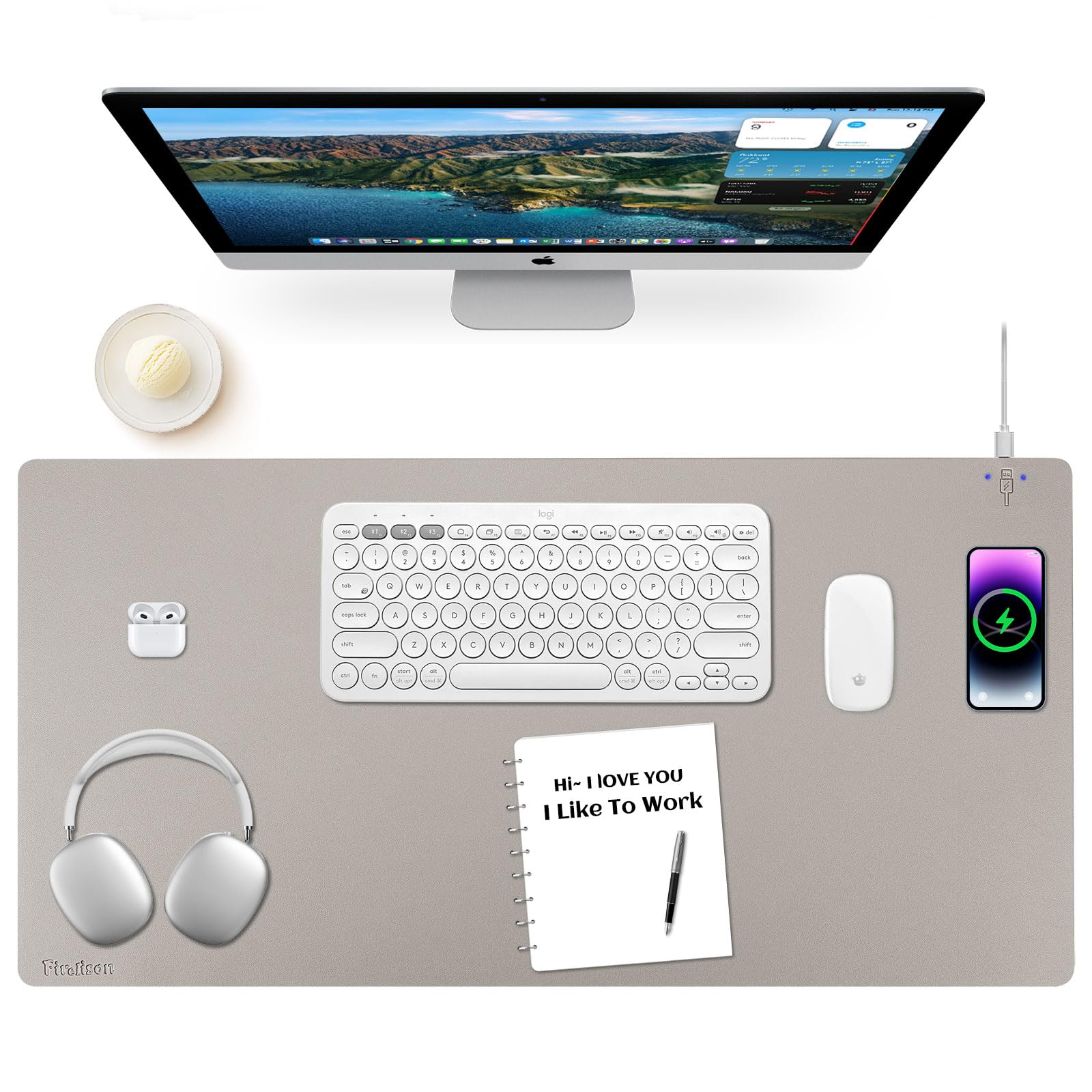 Firelison 2-in-1 Wireless Charging Mouse Pad - Leather Desk Mat with Non-Slip Rubber Base, 32x16 Inch Waterproof Office Desk Pad for Computer, Work & Home Decor (Grey) - Perfect for Workspace Organization & Device Charging