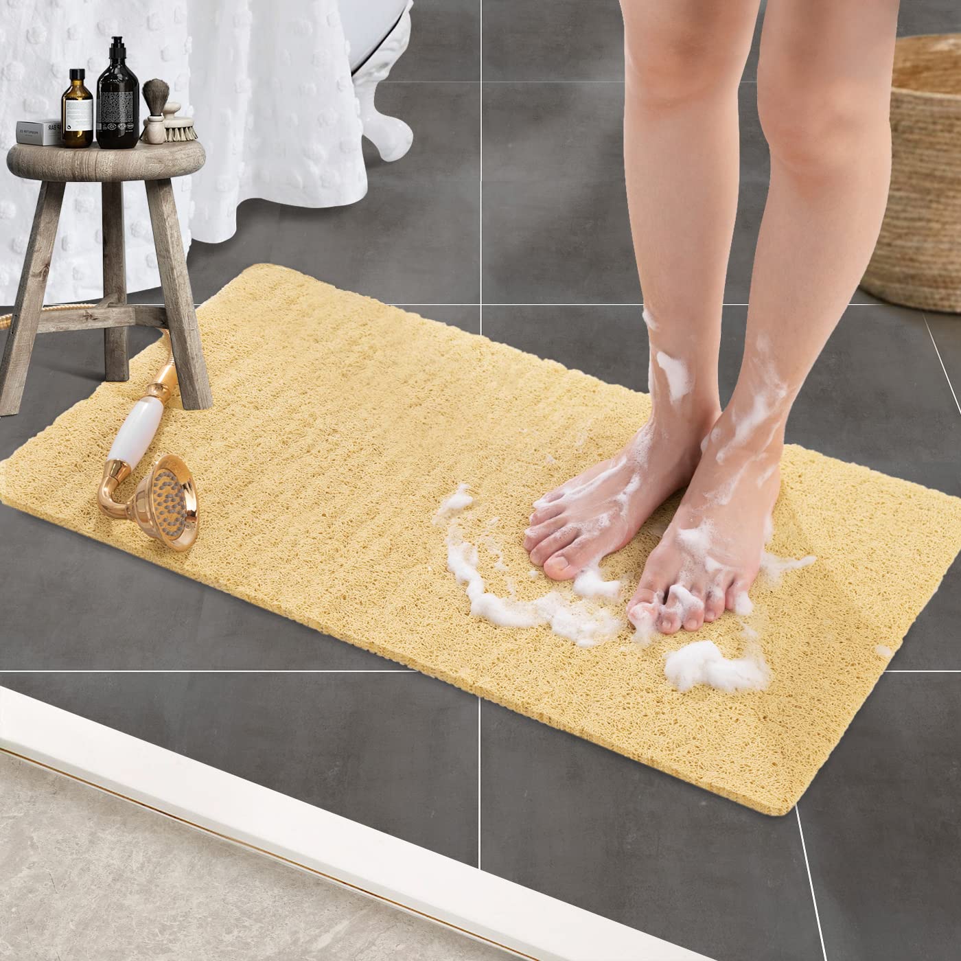 Non-Slip Bathtub Mat 16x24 Inch - Safety Bath & Shower Mat with PVC Loofah Texture, Quick Drying Bathroom Mat for Wet Areas (Beige/Yellow) - Perfect for Bathrooms, Showers & Spa Areas