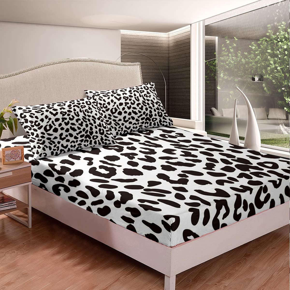 Black & White Cow Print Fitted Sheet & Pillow Sham Set - Queen Size Safari Leopard Cheetah Bedding for Kids, Boys, Girls & Adults - Jungle Animal Themed Bedroom Decor - Perfect for Wild Safari, Nursery, Dorm Room or Africa-Inspired Home Decor