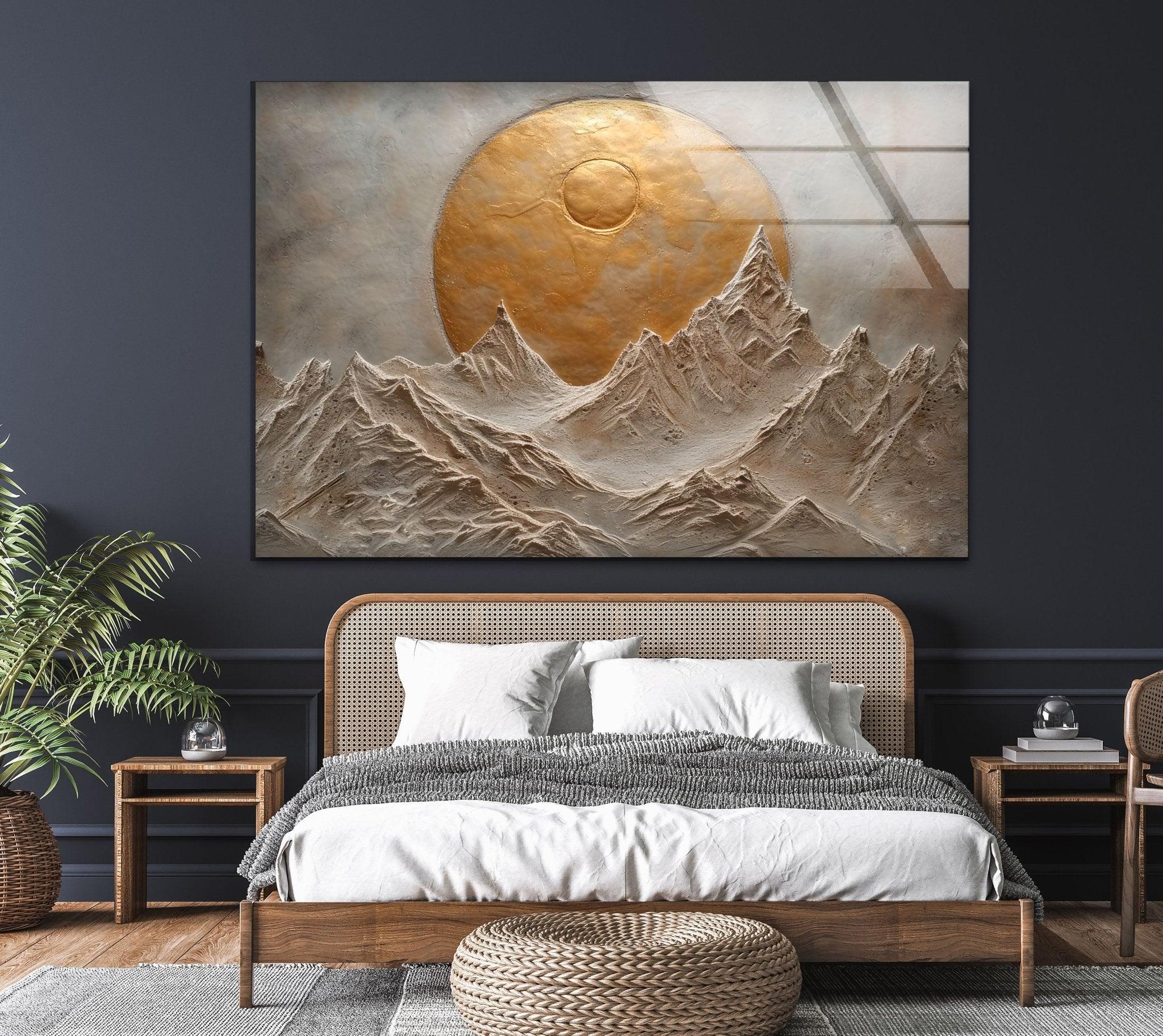 Abstract Mountain Golden Glass Wall Art - Modern Home Decor for Living Room, Bedroom & Office - Elegant Handmade Glass Painting for Gifts & Interior Design