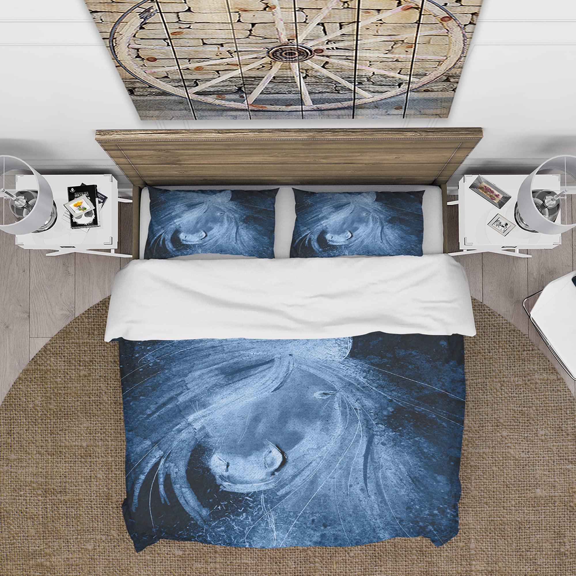 DesignQ Farmhouse Horse XII Blue Duvet Cover Set King Size - 3 Piece All Season Bedding Set | Rustic Farmhouse Decor for Master Bedroom & Guest Room