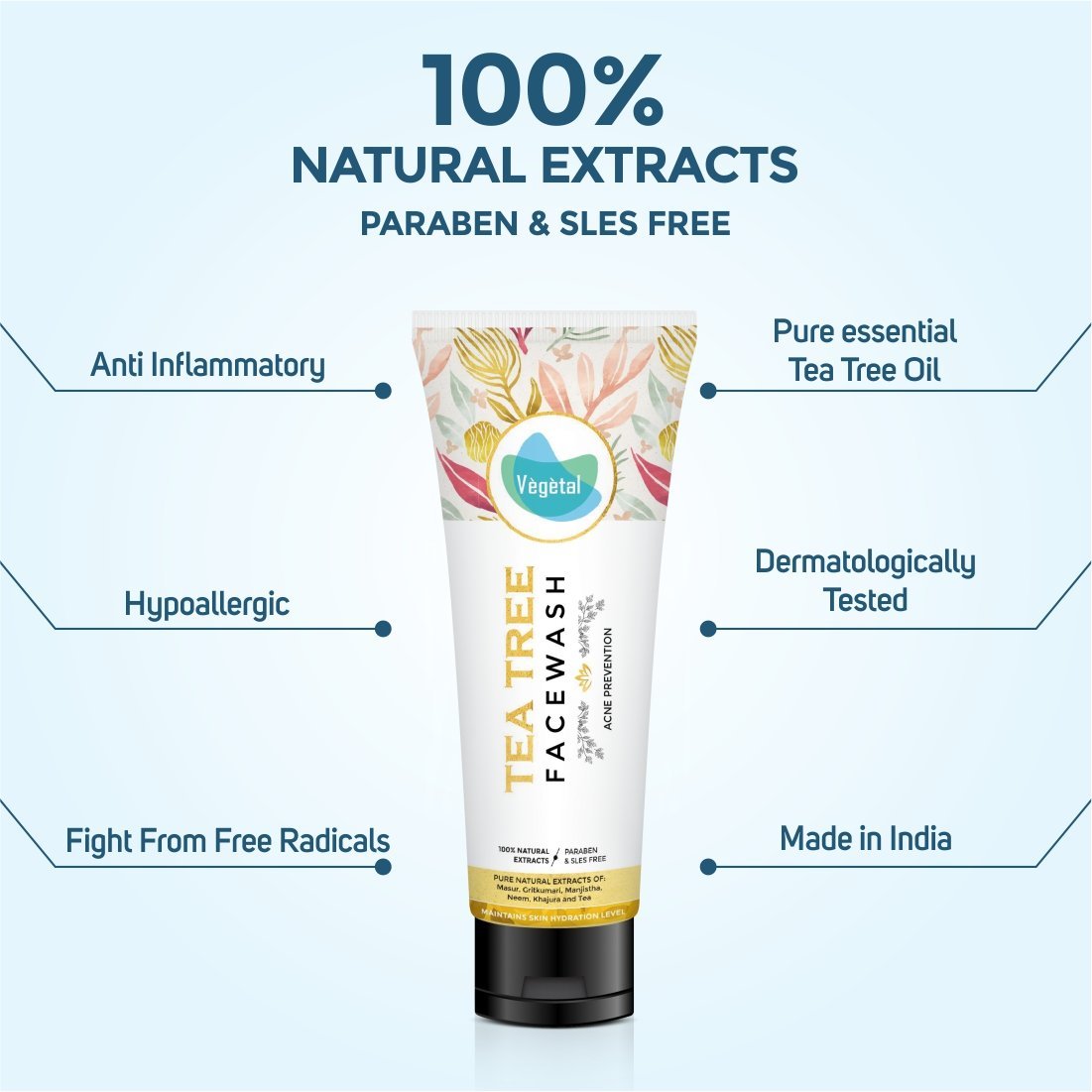 100% Natural Tea Tree Face Wash with Green Tea, Neem, Manjistha & Khajoor Extracts - Anti Acne & Oil Control - Paraben & SLES Free - Gentle Cleanser for Oily & Acne-Prone Skin - Perfect for Daily Skincare Routine & Deep Pore Cleansing