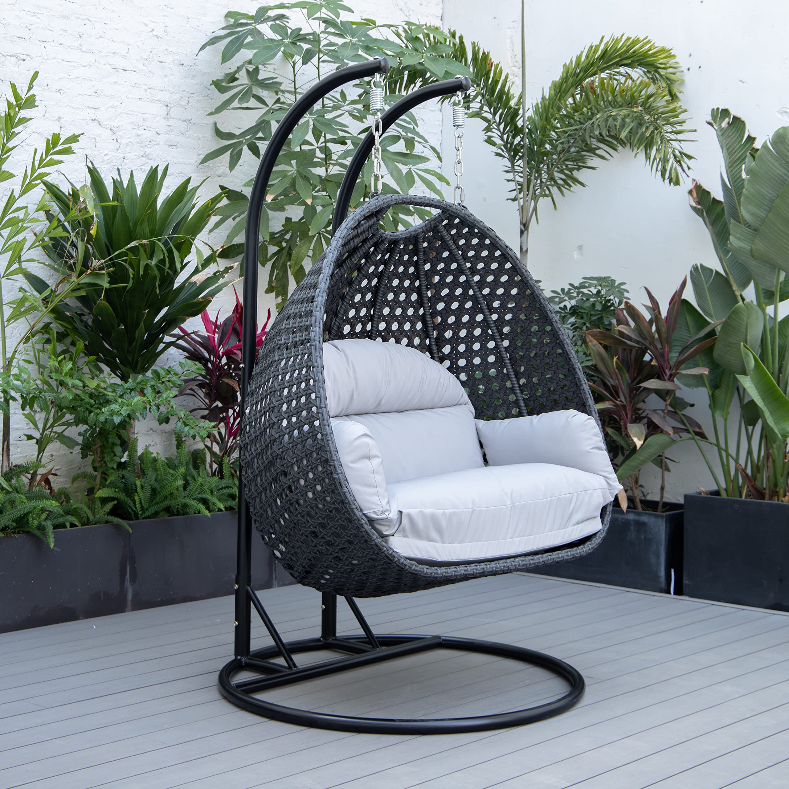 LeisureMod Mendoza Charcoal Wicker 2-Person Patio Hanging Egg Chair with Stand & Cushions - Indoor/Outdoor Swing for Garden, Porch, Backyard - Light Grey - Perfect for Relaxing, Lounging & Reading