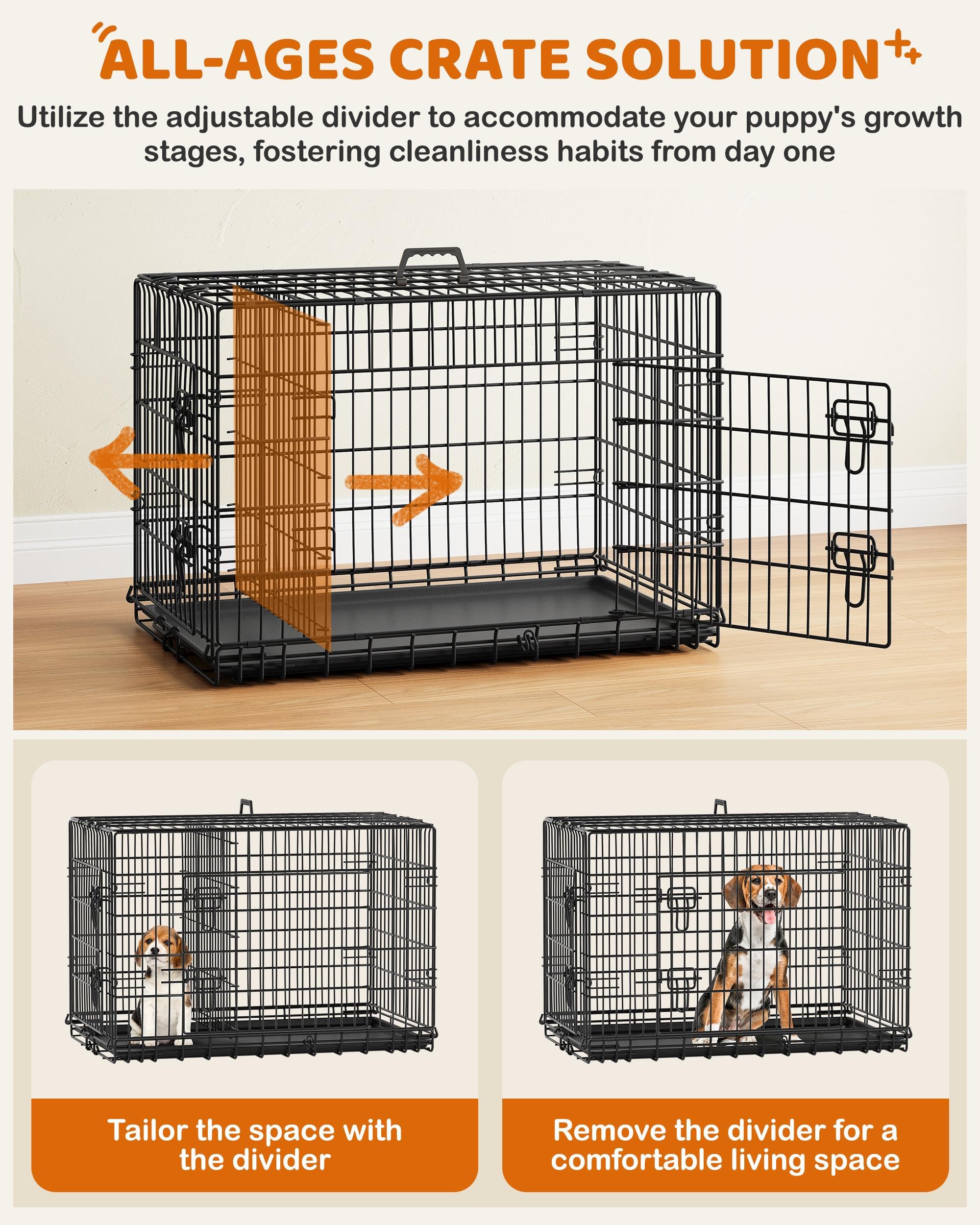 Yaheetech 36 Inch Double Door Collapsible Metal Dog Crate with Divider & Removable Tray - Portable Pet Kennel for Small to Medium Dogs - Ideal for Home, Travel & Training (Black)